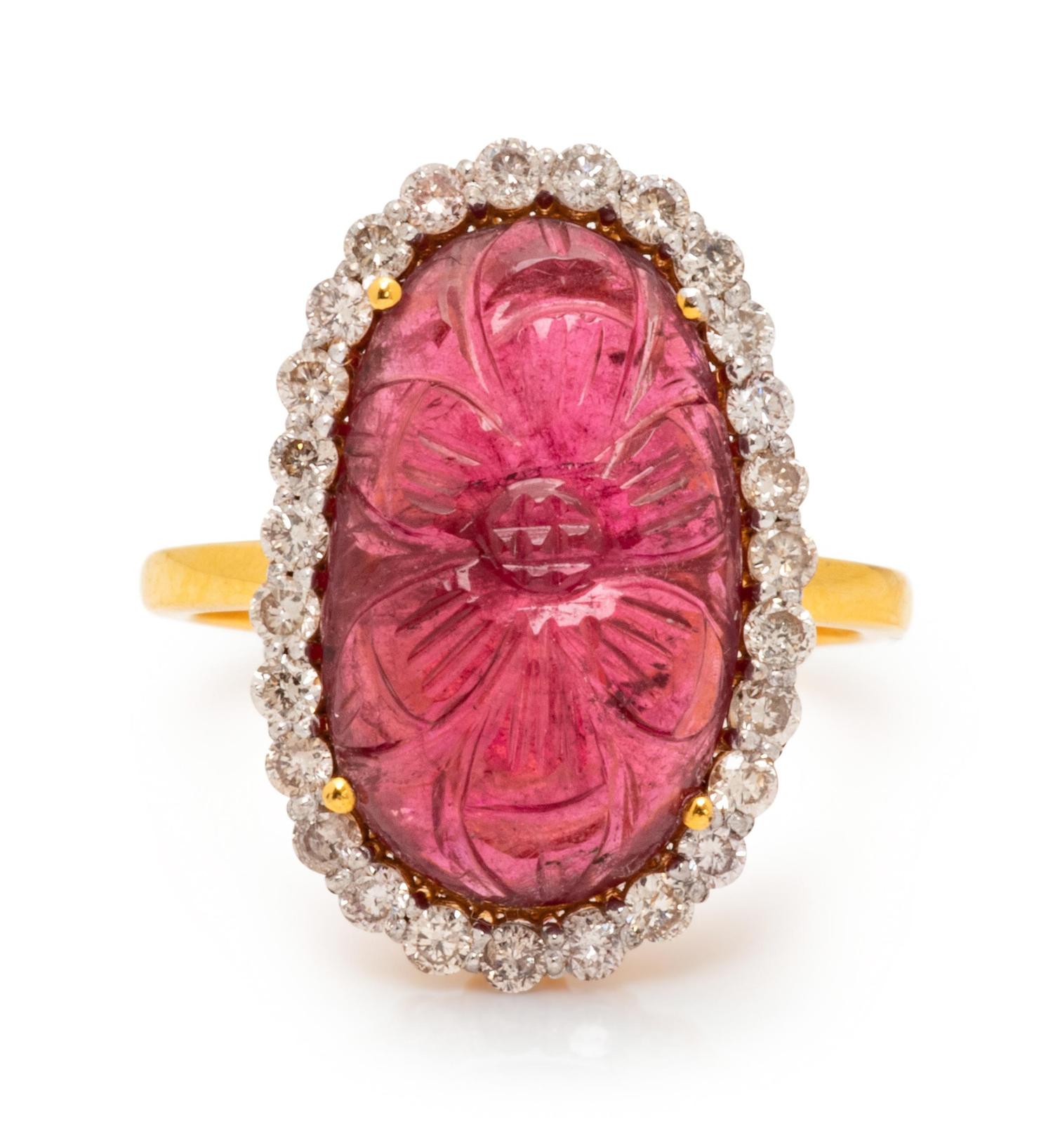 An 18 Karat Yellow Gold Carved Tourmaline and Diamond Ring,