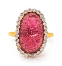 An 18 Karat Yellow Gold Carved Tourmaline and Diamond Ring,