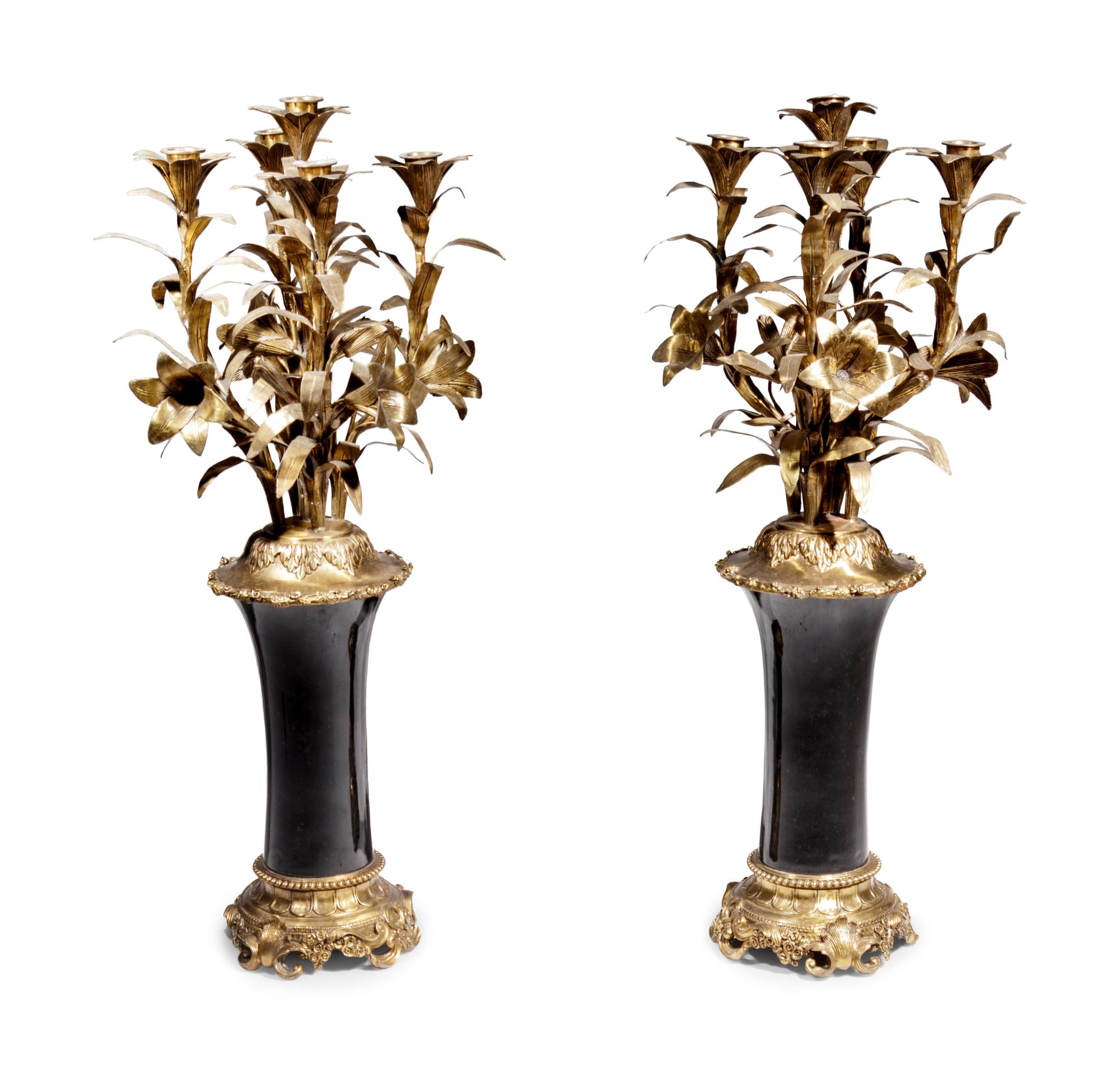 A Pair of Louis XV Style Gilt Metal Mounted Porcelain Five-Light Candelabra