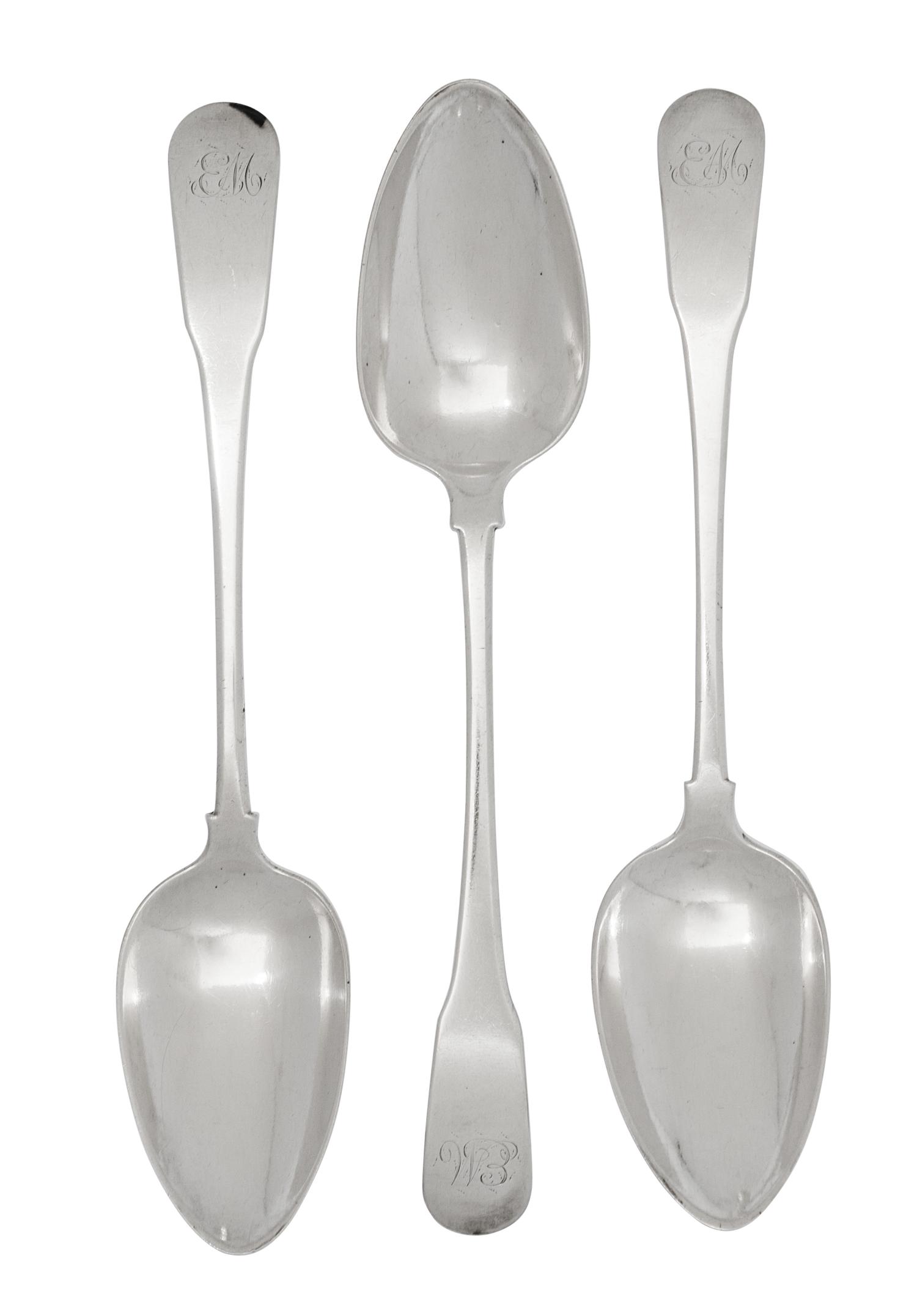 Three American Silver Serving Spoons, Ebenezer Moulton, Boston & Newburyport, MA, Late 18th Century, each with a rounded downturned han
