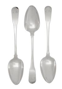 Three American Silver Serving Spoons, Ebenezer Moulton, Boston & Newburyport, MA, Late 18th Century, each with a rounded downturned han