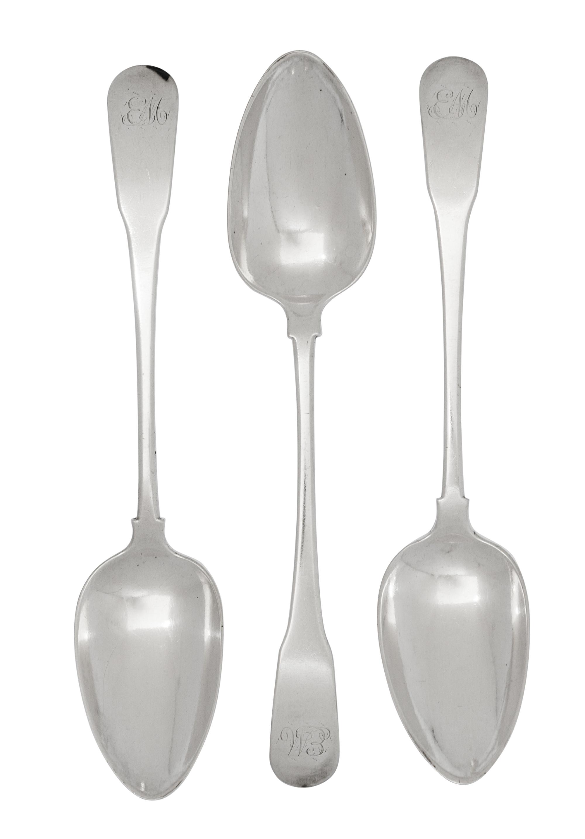 Three American Silver Serving Spoons, Ebenezer Moulton, Boston & Newburyport, MA, Late 18th Century, each with a rounded downturned han