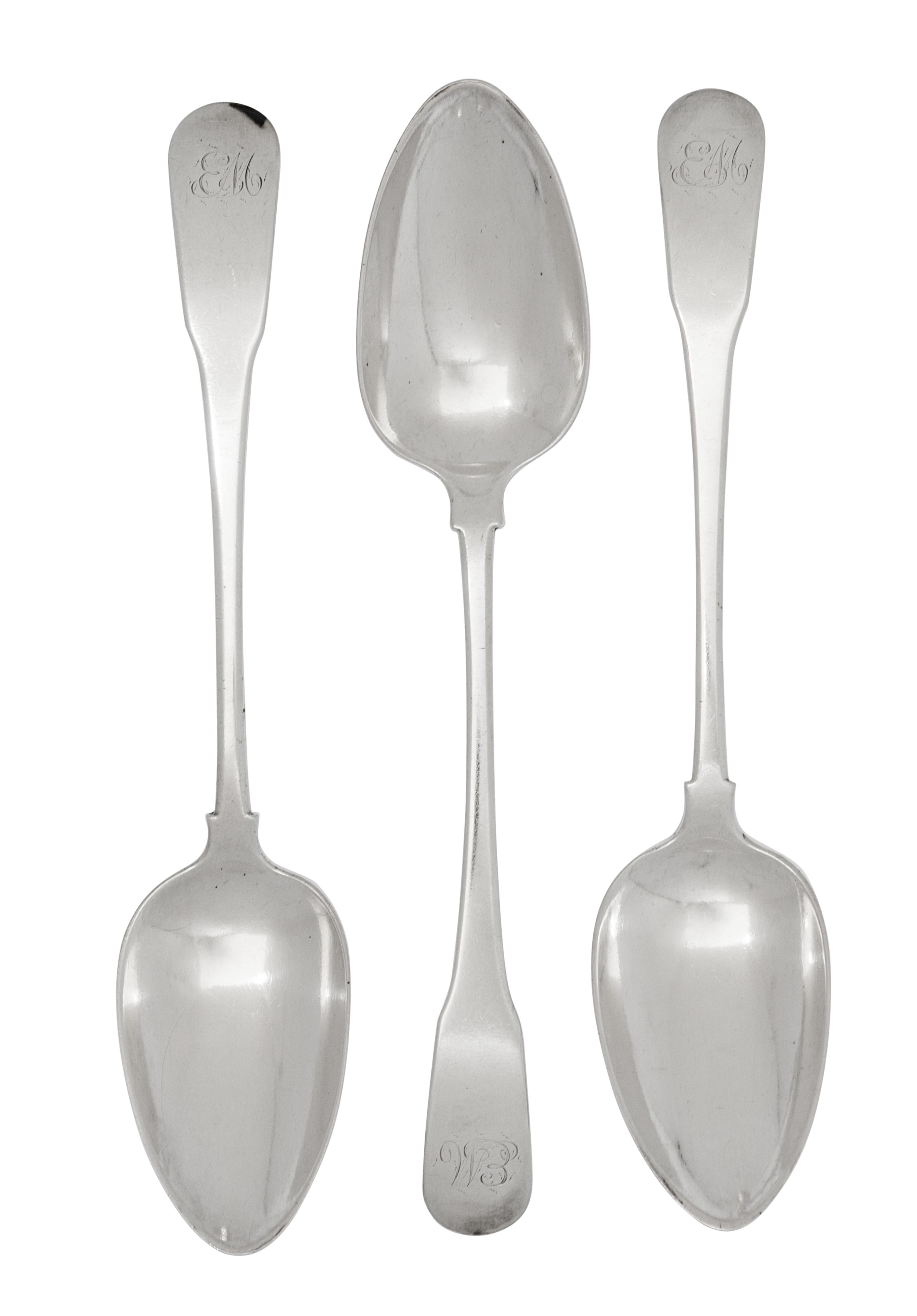 Three American Silver Serving Spoons, Ebenezer Moulton, Boston & Newburyport, MA, Late 18th Century, each with a rounded downturned han