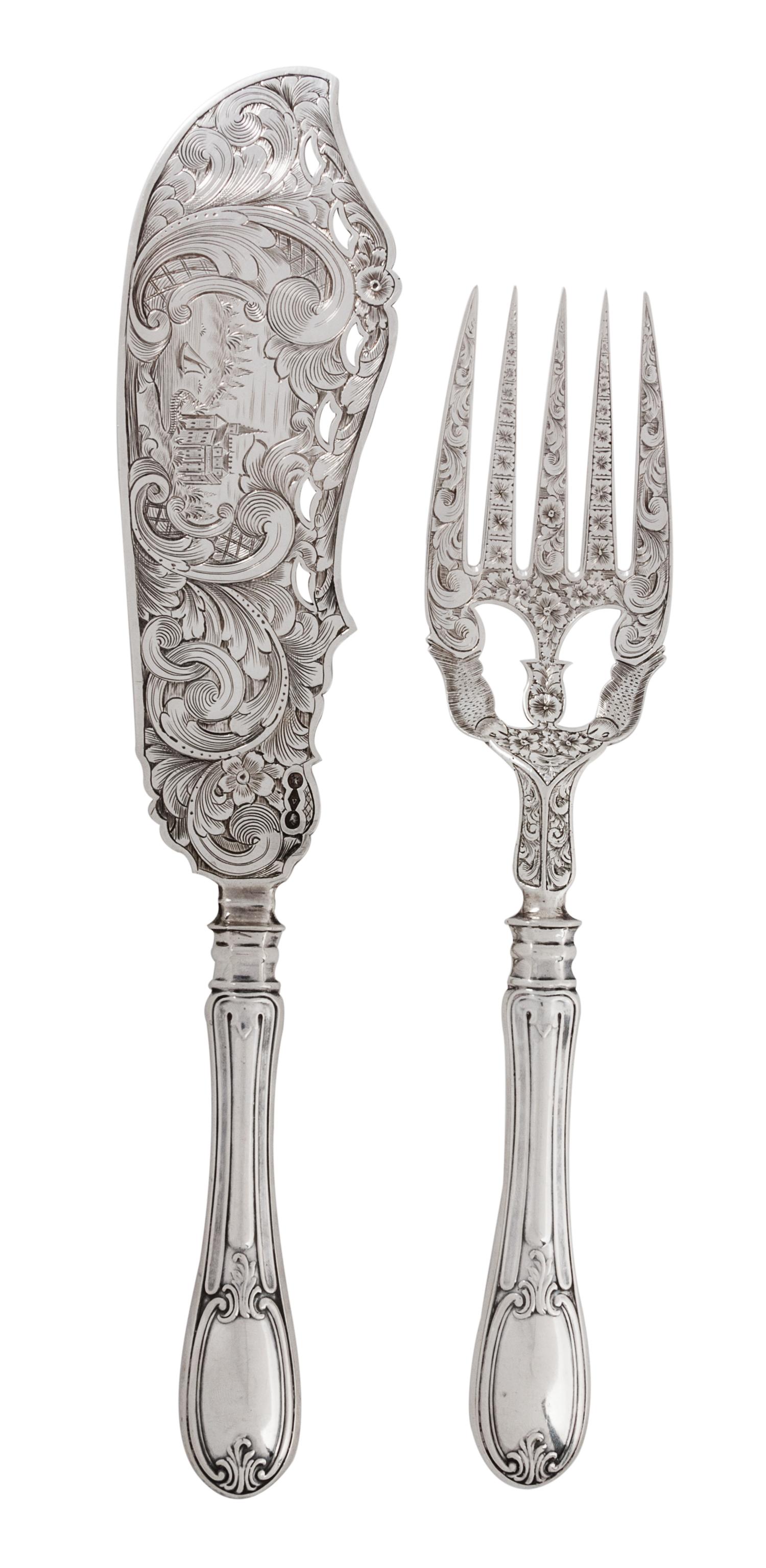 An American Silver Serving Set, James S. Vancourt & Co., New York, NY, comprising an engraved fork and knife.