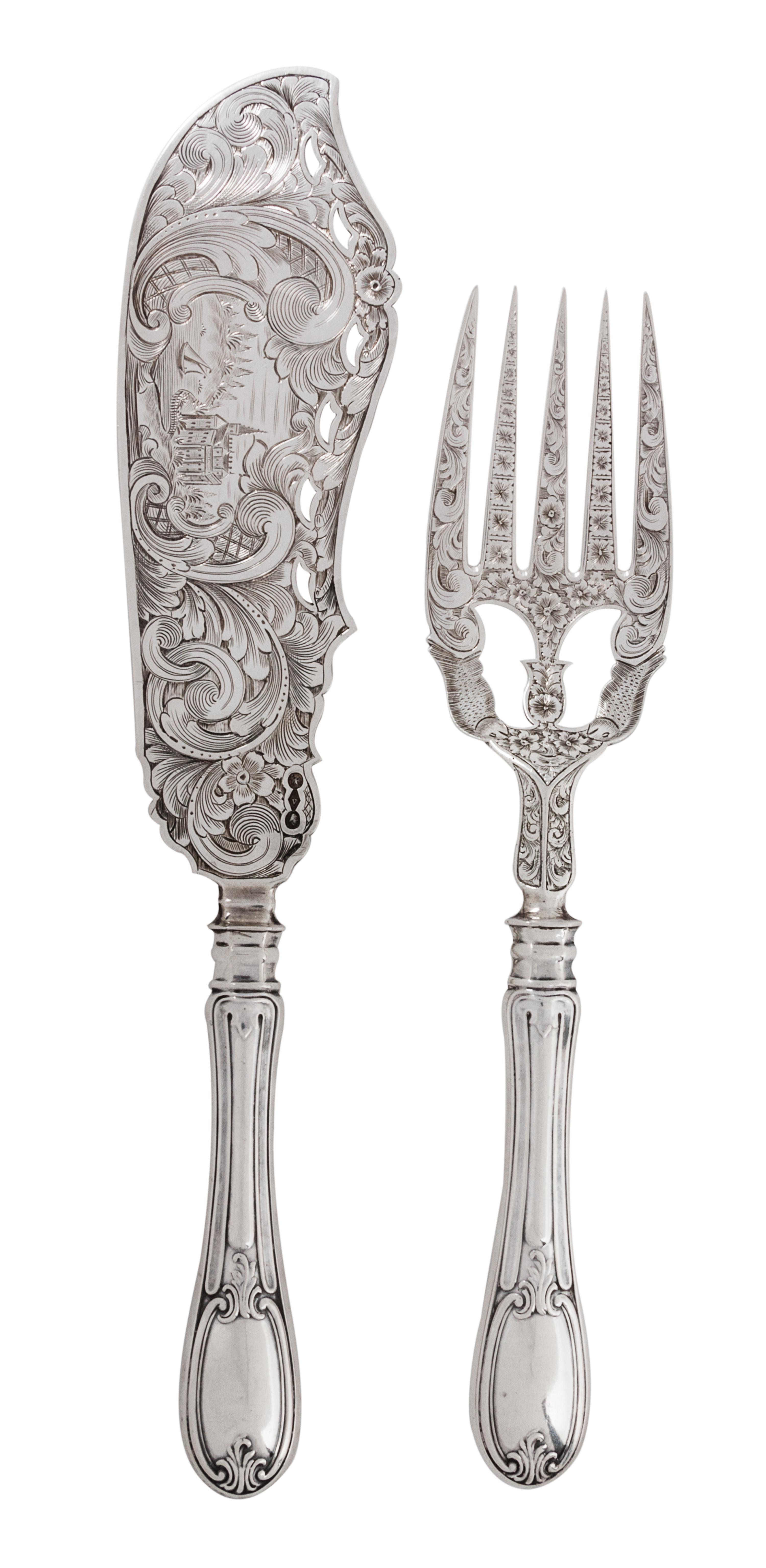 An American Silver Serving Set, James S. Vancourt & Co., New York, NY, comprising an engraved fork and knife.