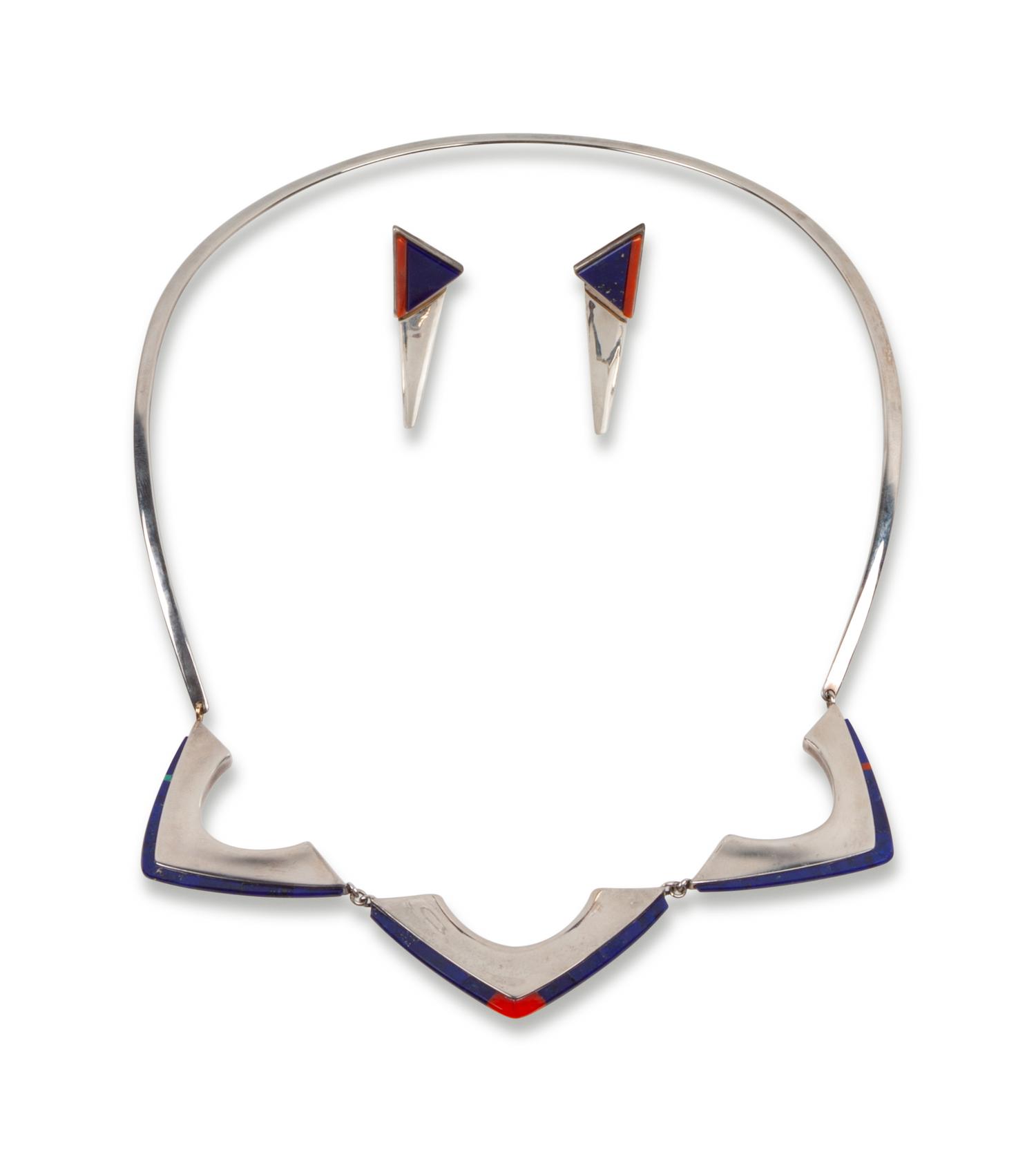 Sterling Silver Necklace and Earrings Set, with Coral and Lapis Inlay