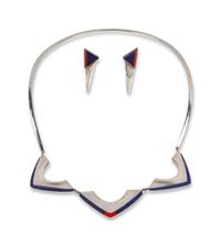 Sterling Silver Necklace and Earrings Set, with Coral and Lapis Inlay