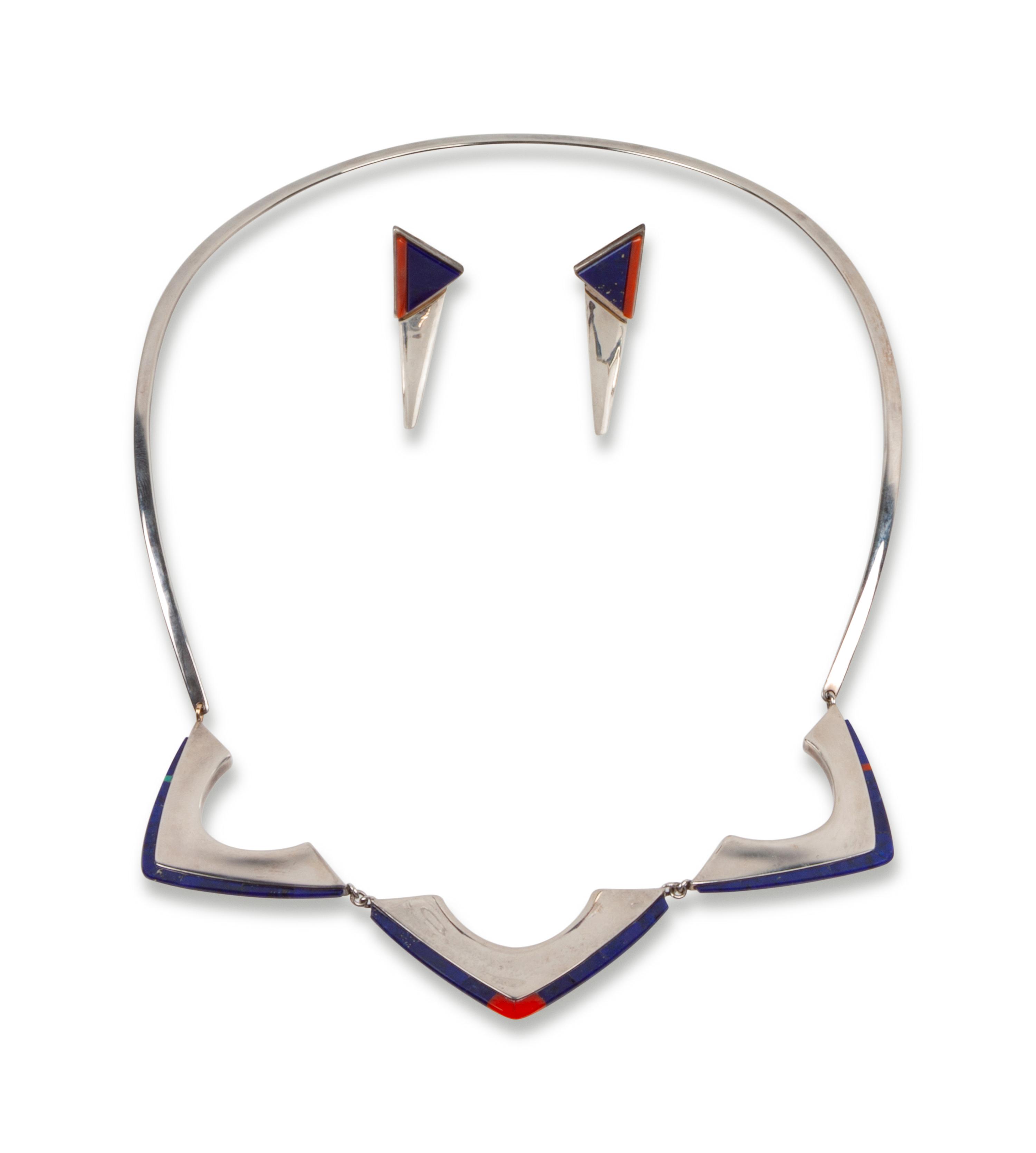 Sterling Silver Necklace and Earrings Set, with Coral and Lapis Inlay