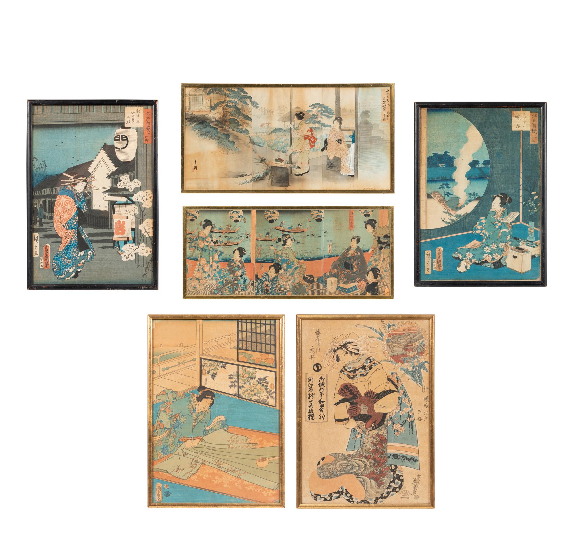 Six Japanese Woodblock Prints Depicting Geishas