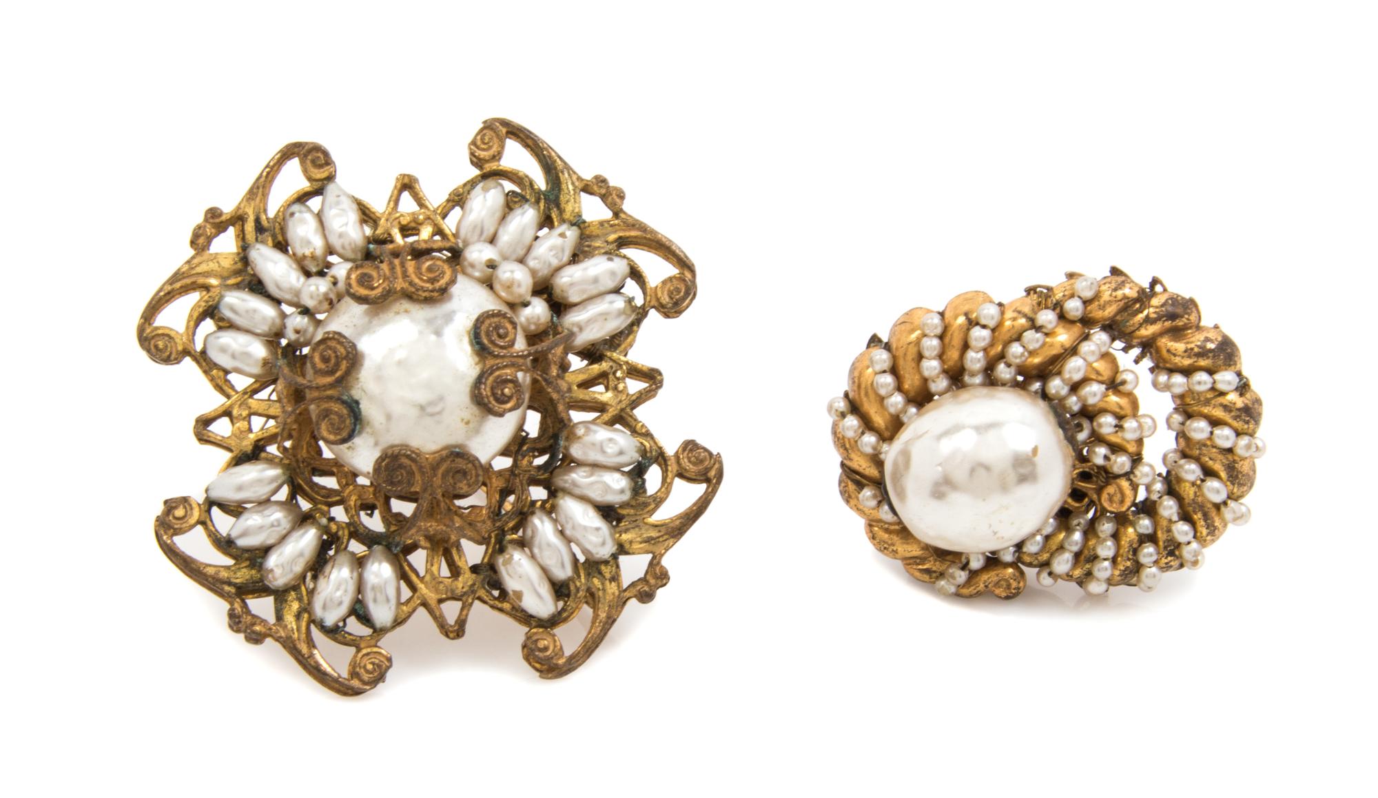 A Pair of Miriam Haskell Pearl Brooches, 2" x 2", 1" x 1.5".