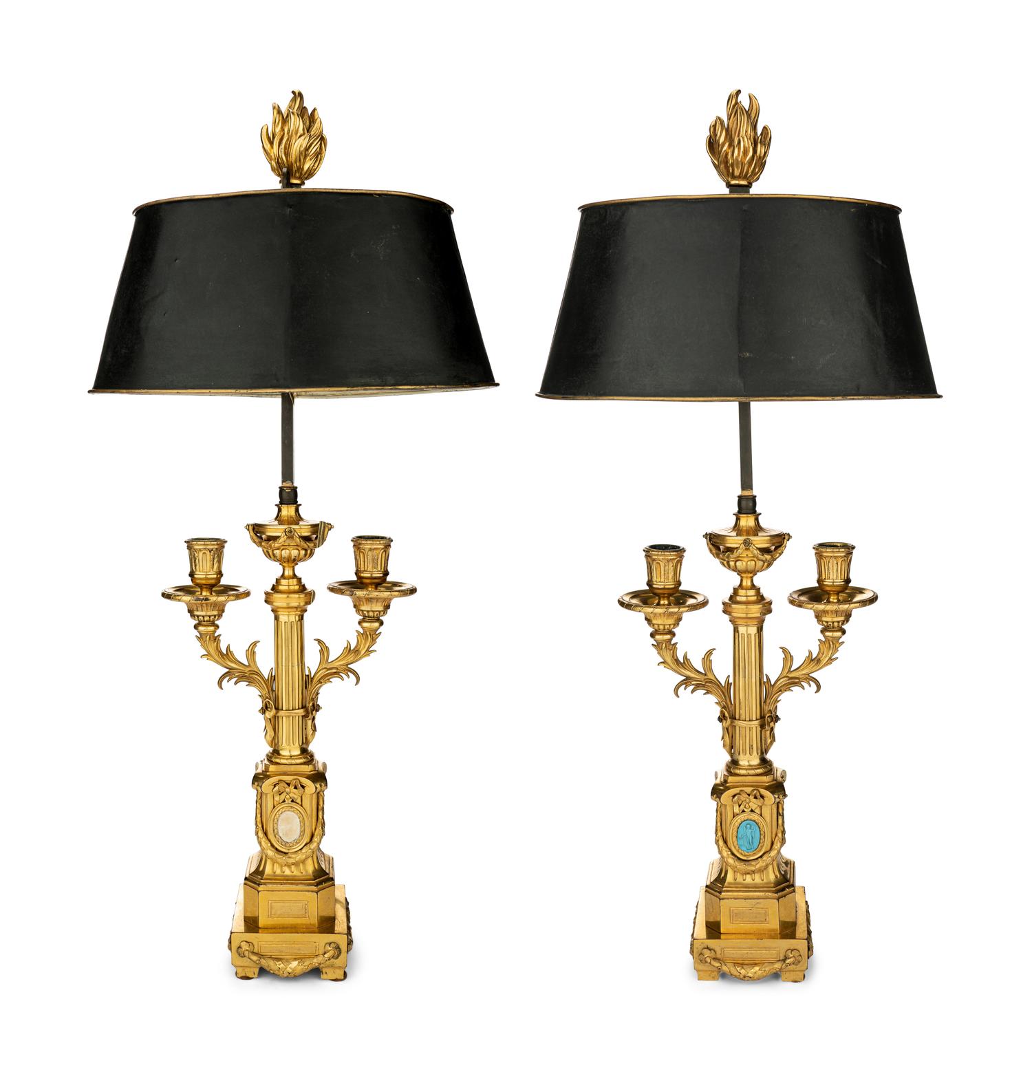 A Pair of Louis XVI Gilt Bronze Two-Light Lamps