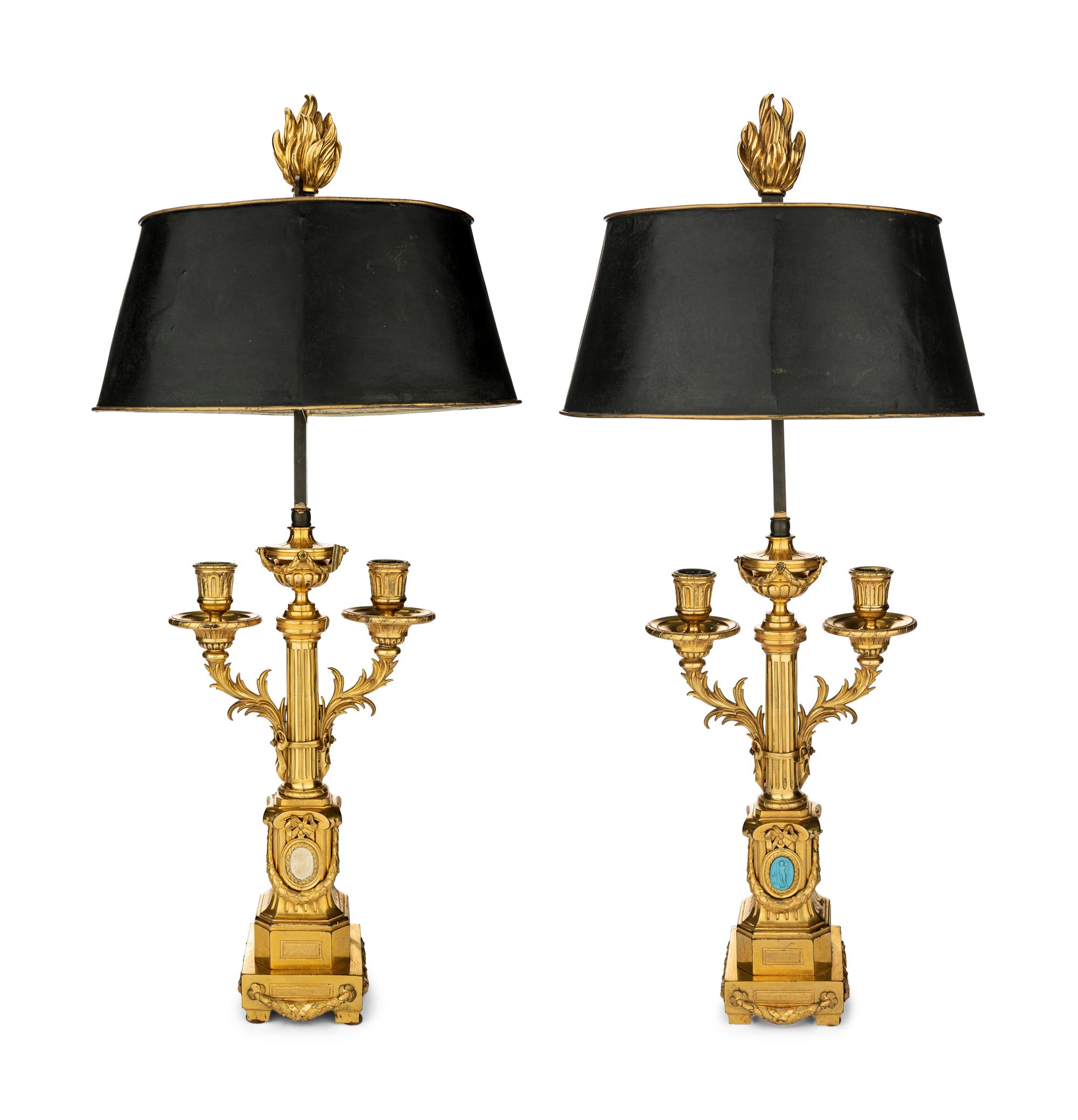A Pair of Louis XVI Gilt Bronze Two-Light Lamps