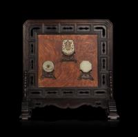 A Chinese Burlwood Inset Jade Inlaid Table Screen