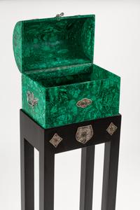 A Ruby, Emerald and Filigree Mounted Malachite Casket on Stand