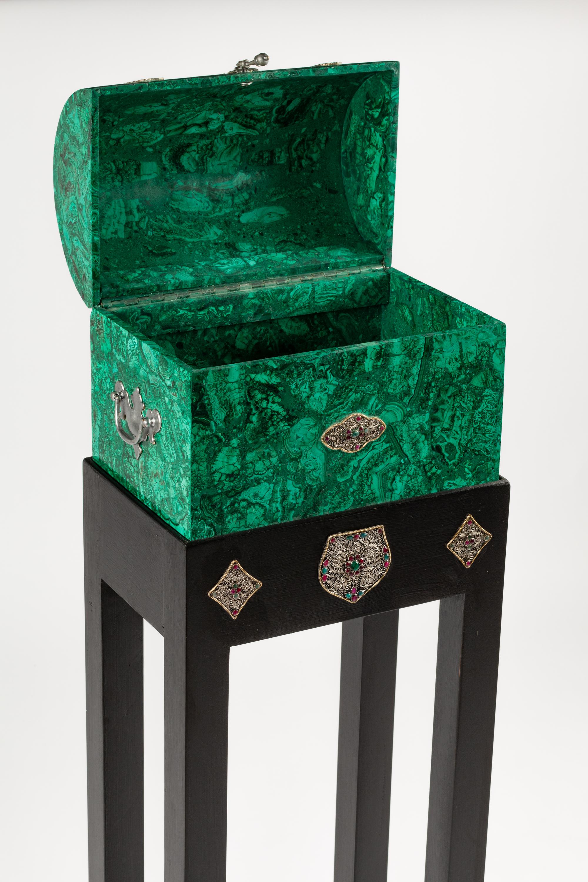 A Ruby, Emerald and Filigree Mounted Malachite Casket on Stand