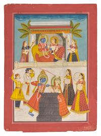A Painting of Radha and Krishna on Two Tiers with Attendants Celebrating the Spring Festival of Holi, Bikaner or Deccan School, 19th/20th Century
