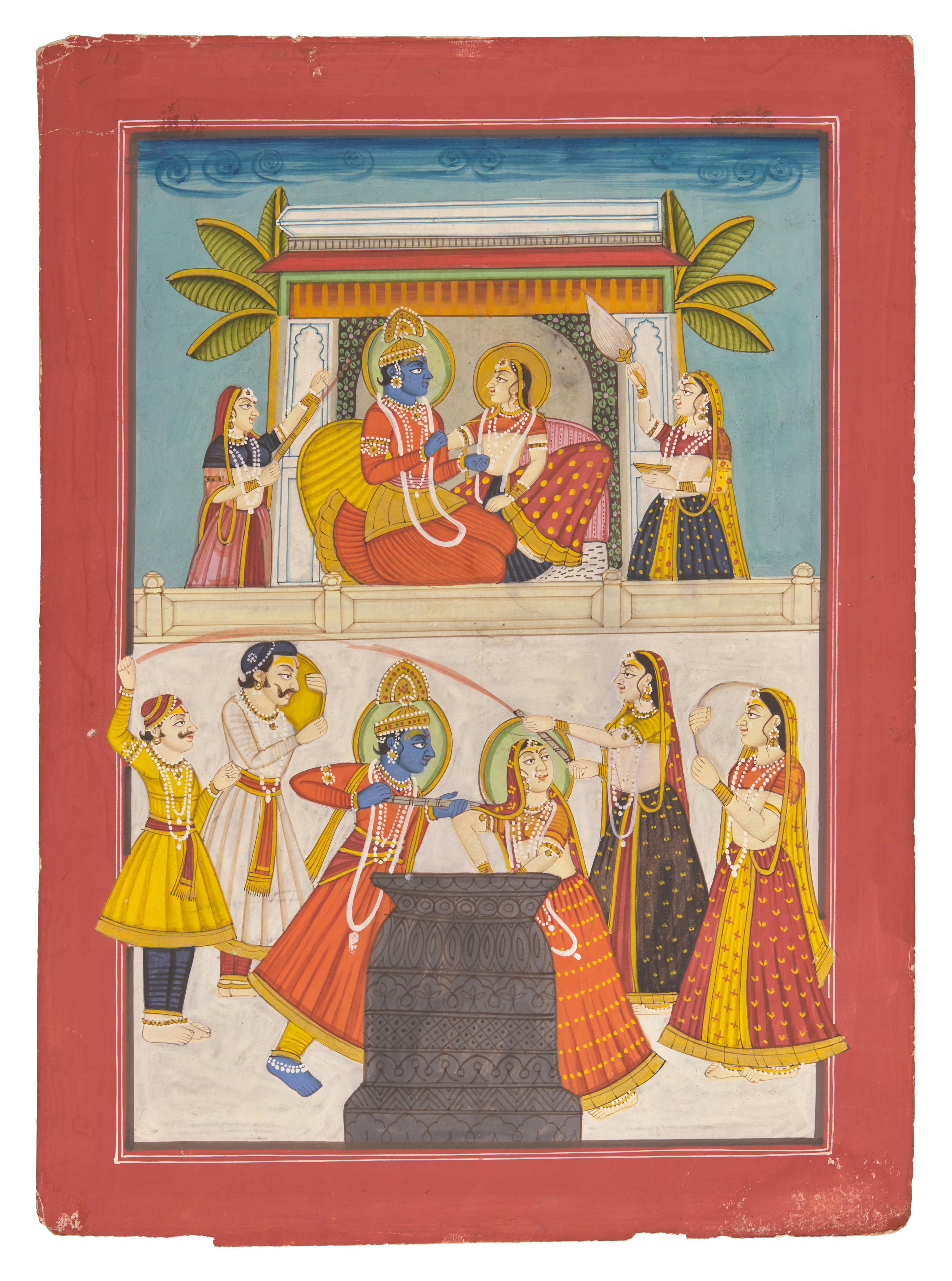 A Painting of Radha and Krishna on Two Tiers with Attendants Celebrating the Spring Festival of Holi, Bikaner or Deccan School, 19th/20th Century