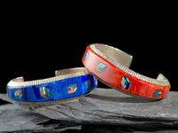 Pair of Sterling Silver and Mosaic Inlay Cuff Bracelets, with Rubix's Cube Design