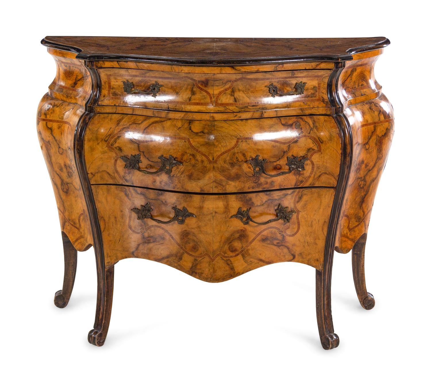 An Italian Rococo Satinwood Inlaid Burl Walnut Commode