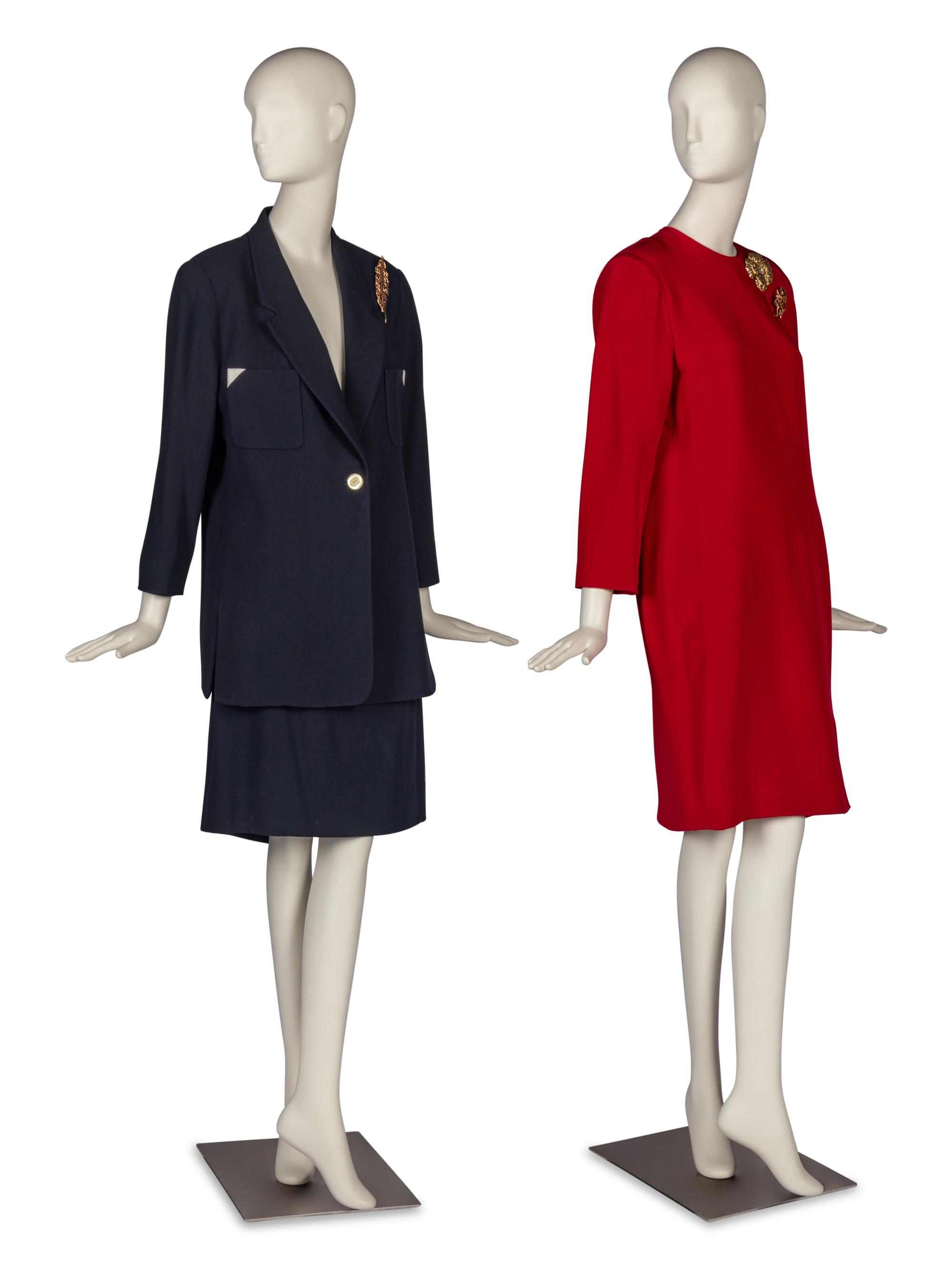Ildi Marshall Dress and Louis Féraud Suit Accompanied by Three Brooches