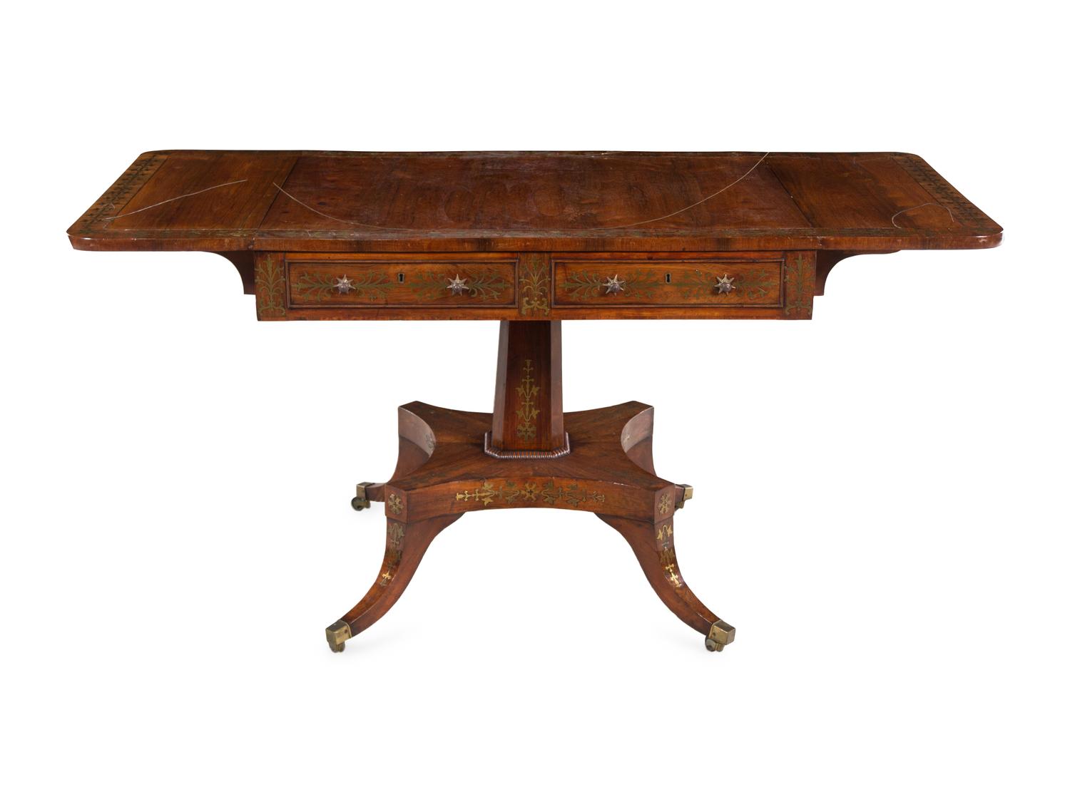 A Regency Brass Inlaid Rosewood Pedestal Sofa Table