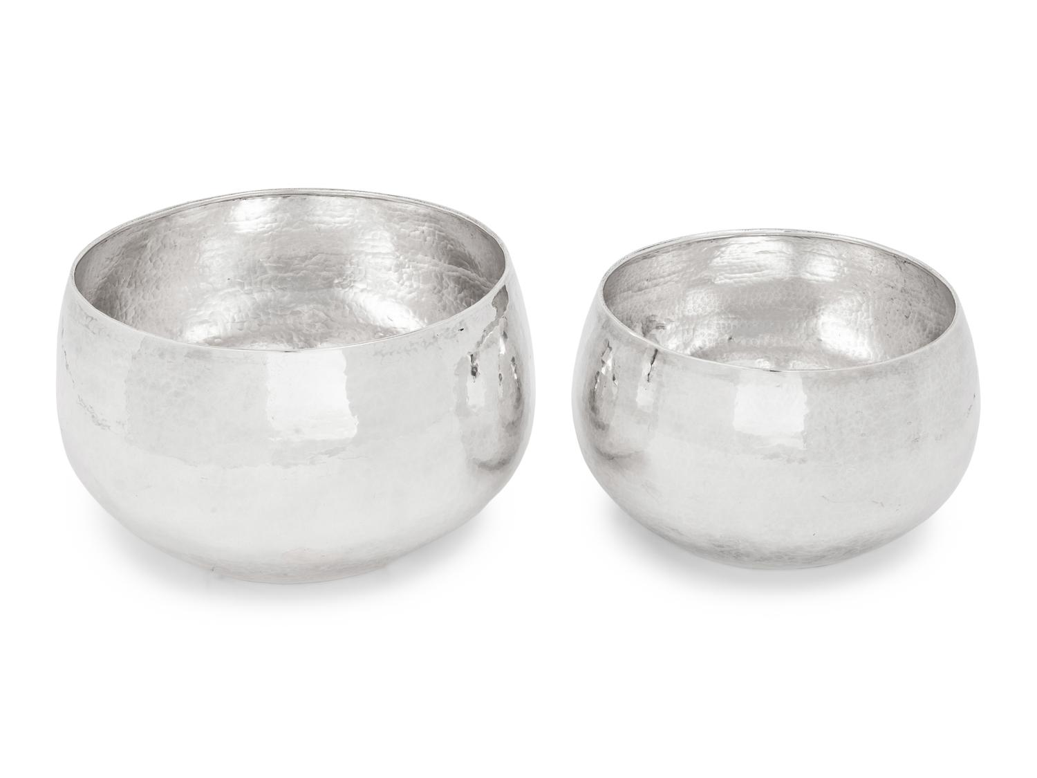 Two Silvered-Metal Hammered Vases