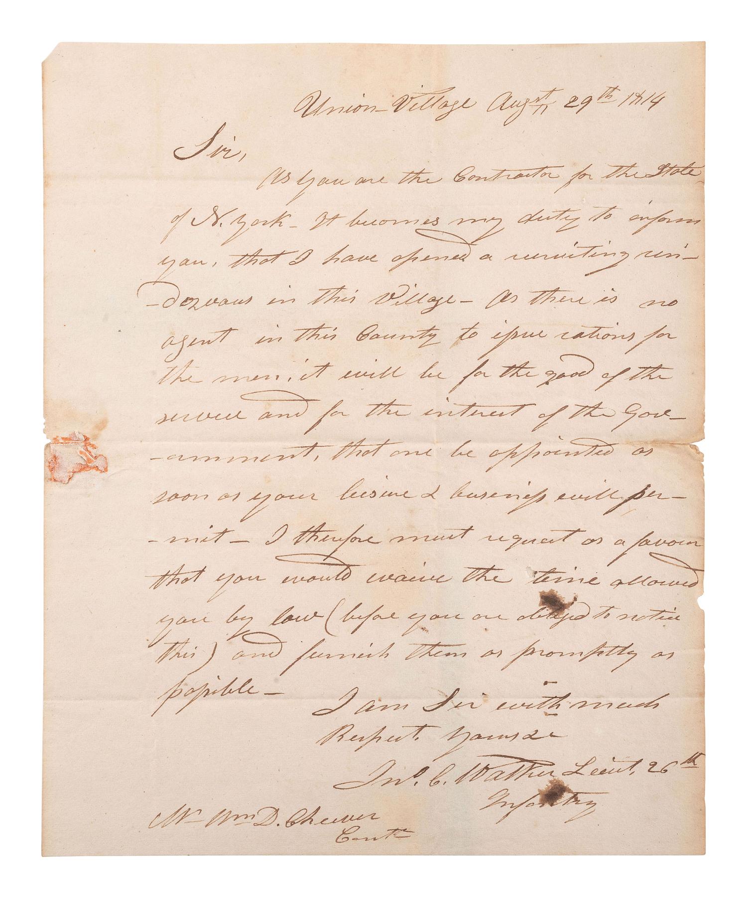 [WAR OF 1812]. WALKER, John C. ALS ("Jno. Co Walker"). Union Village, 29 August 1814.