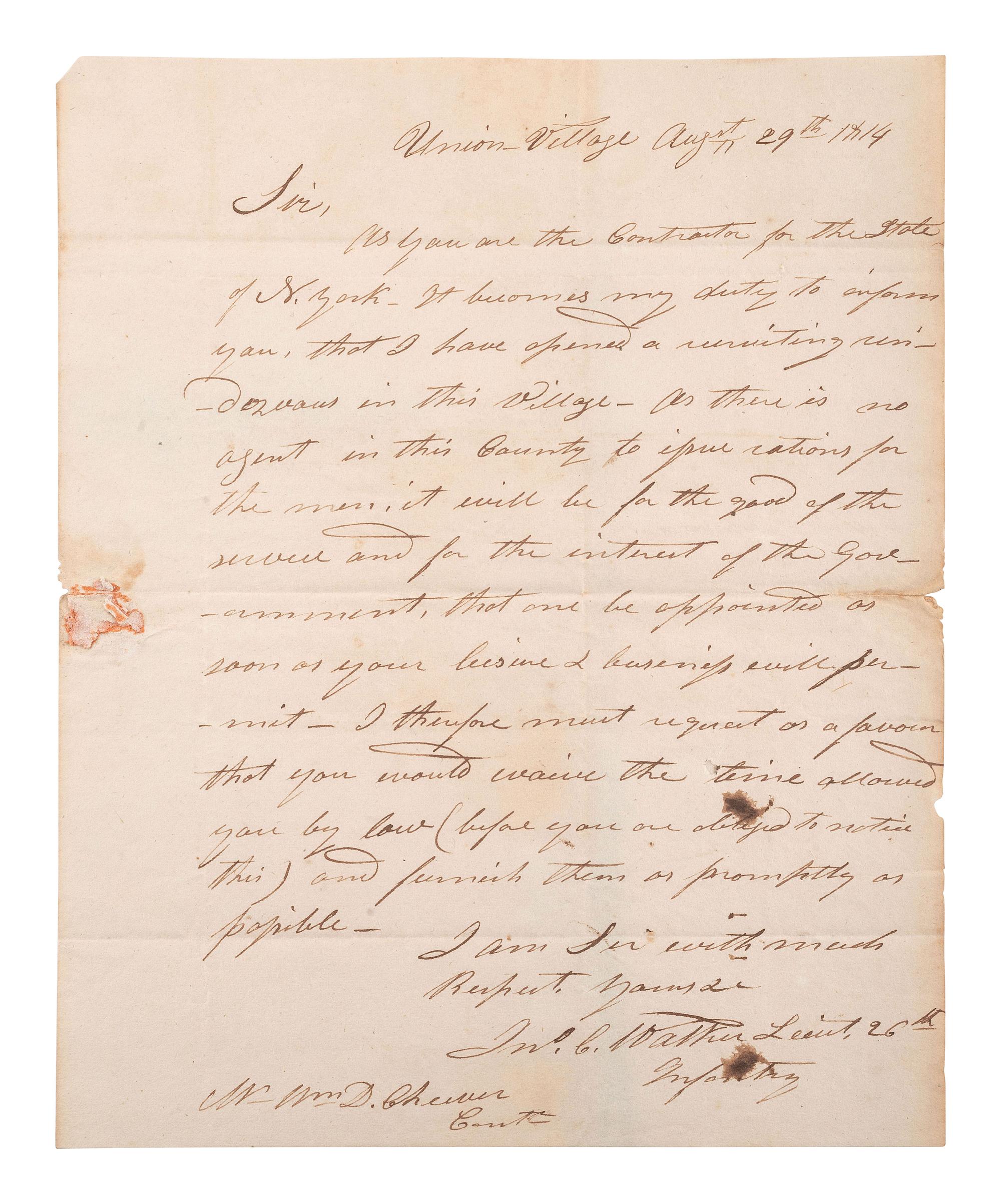 [WAR OF 1812]. WALKER, John C. ALS ("Jno. Co Walker"). Union Village, 29 August 1814.