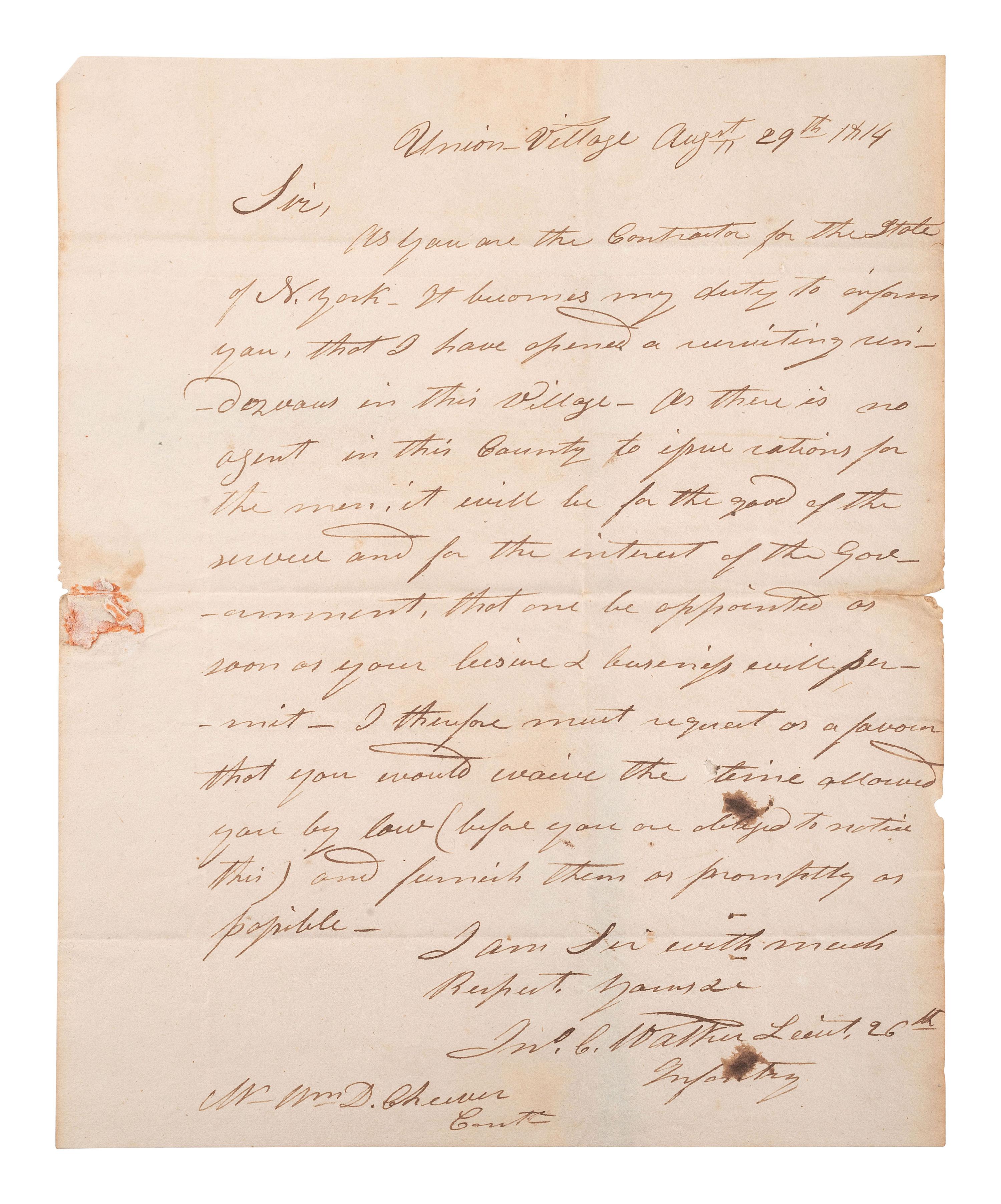 [WAR OF 1812]. WALKER, John C. ALS ("Jno. Co Walker"). Union Village, 29 August 1814.