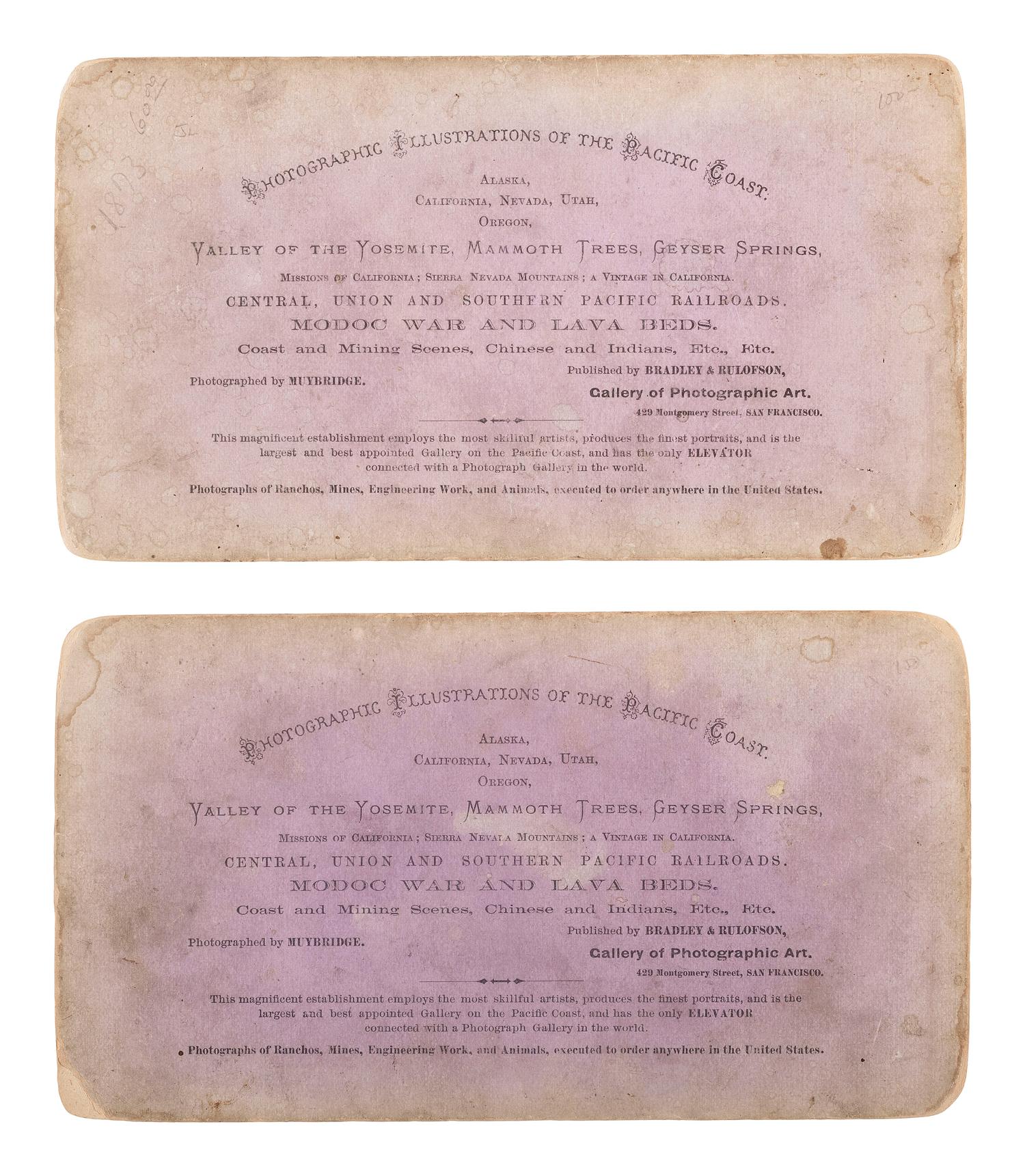 [NATIVE AMERICANS]. MUYBRIDGE, Eadweard (1830-1904), photographer. A group of 2 stereoviews from the "Modoc War" series. San Francisco, CA: Bradley & Rulofson.