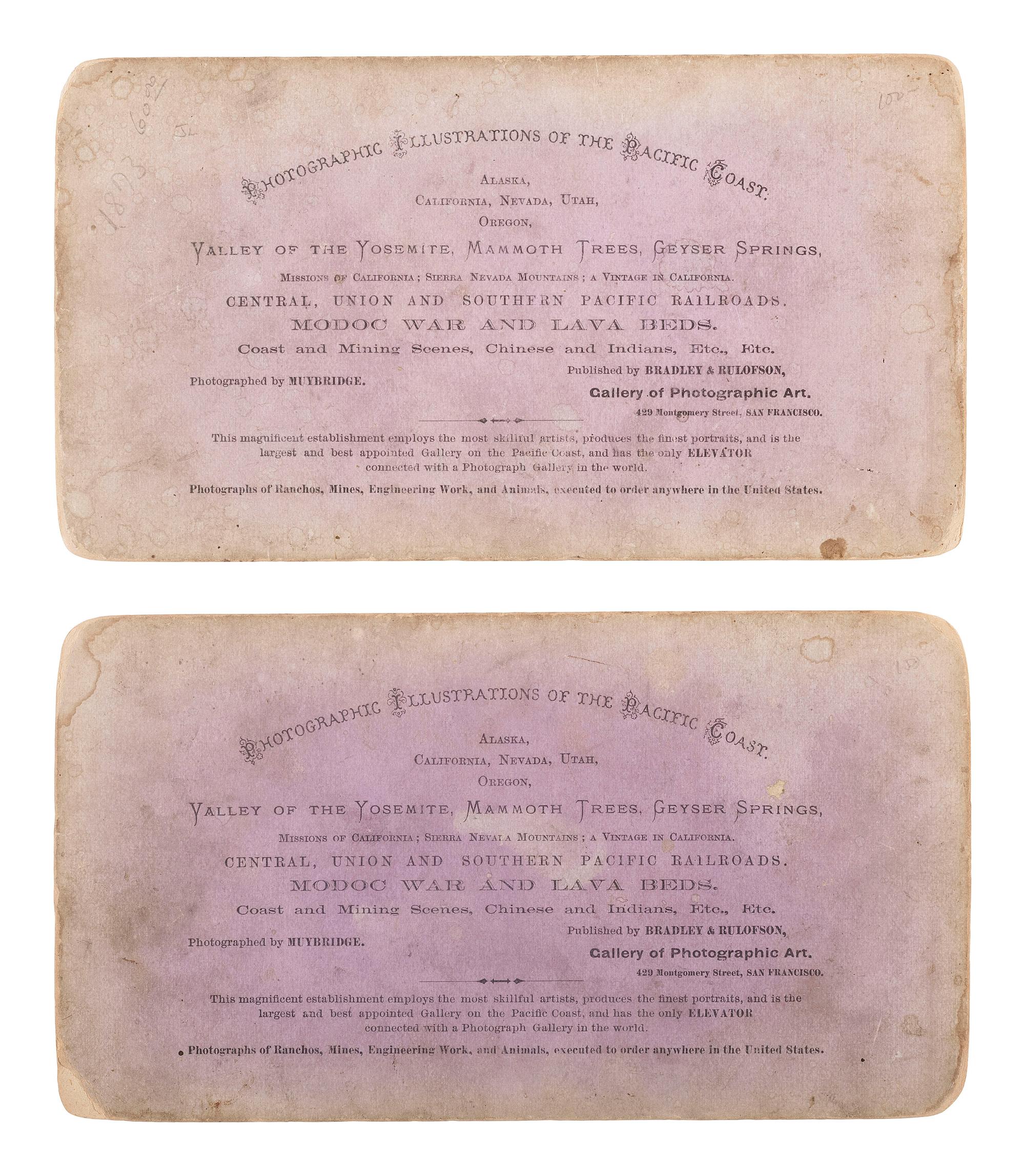 [NATIVE AMERICANS]. MUYBRIDGE, Eadweard (1830-1904), photographer. A group of 2 stereoviews from the "Modoc War" series. San Francisco, CA: Bradley & Rulofson.