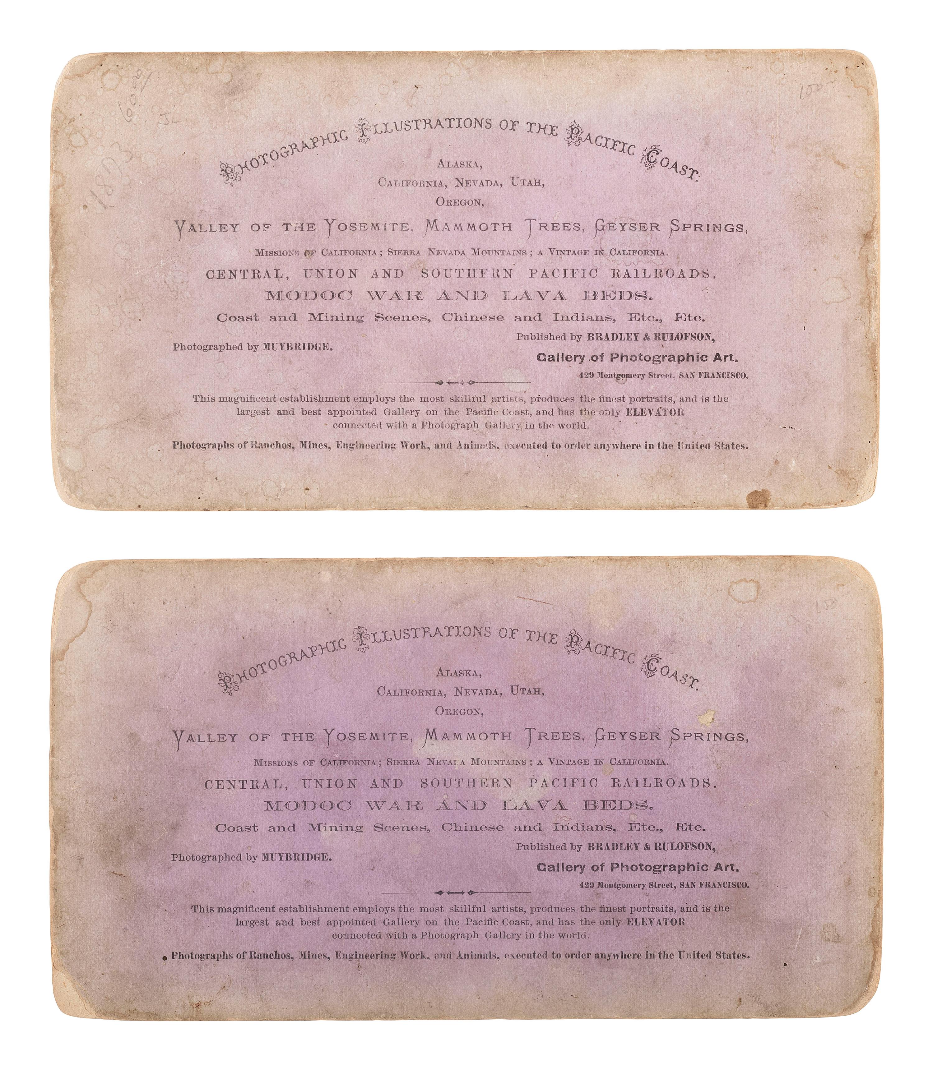 [NATIVE AMERICANS]. MUYBRIDGE, Eadweard (1830-1904), photographer. A group of 2 stereoviews from the "Modoc War" series. San Francisco, CA: Bradley & Rulofson.