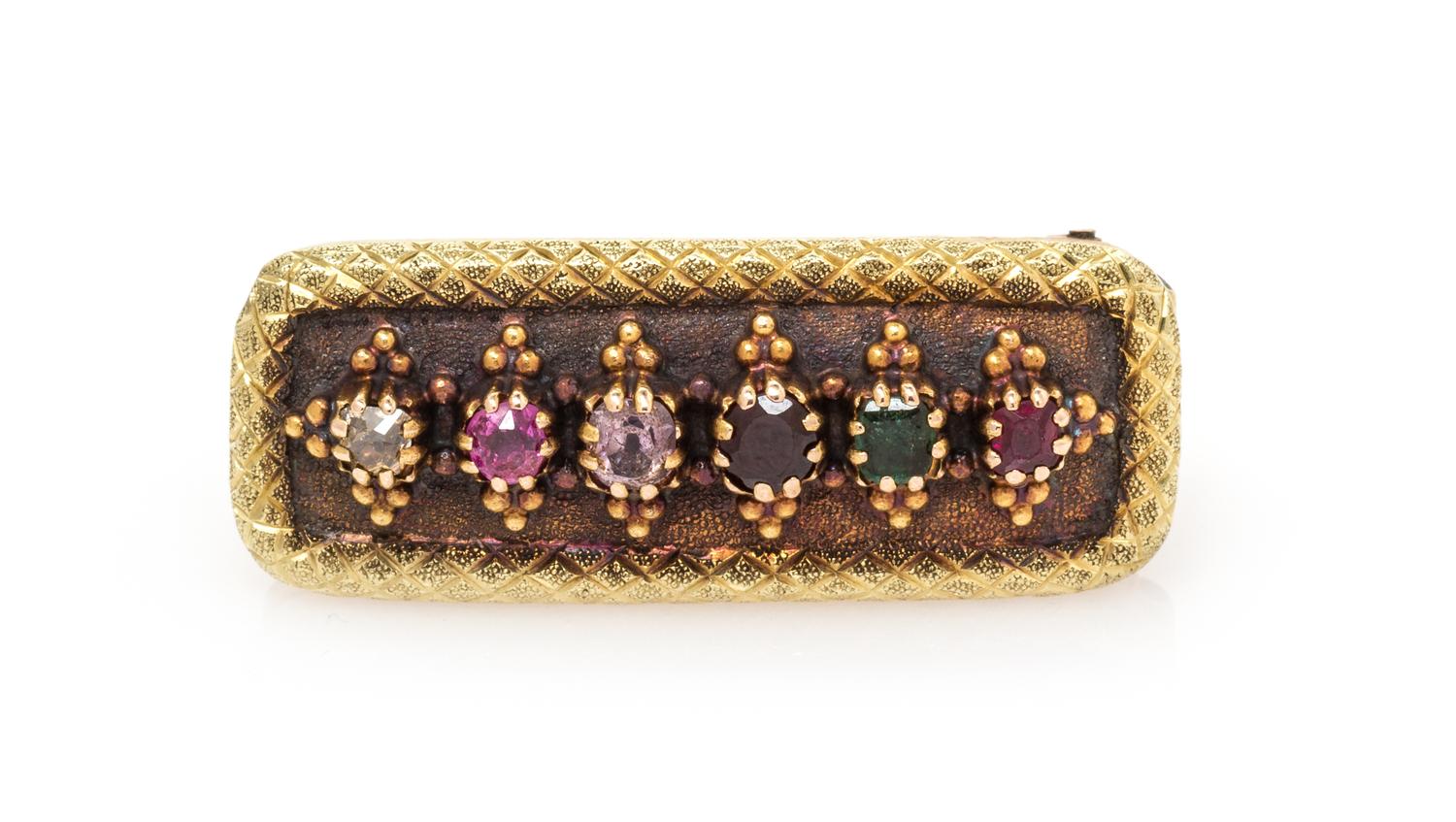 A Victorian Yellow Gold and Multigem Acrostic 'Regard' Hair Locket Brooch, 3.90 dwts.