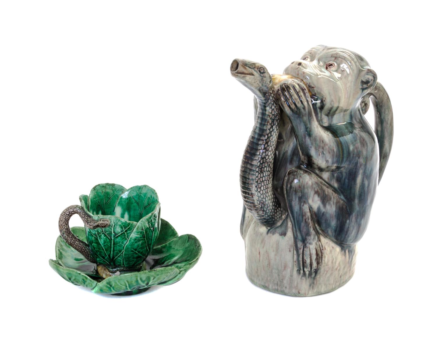 Two Majolica Articles Height of tallest 9 inches.