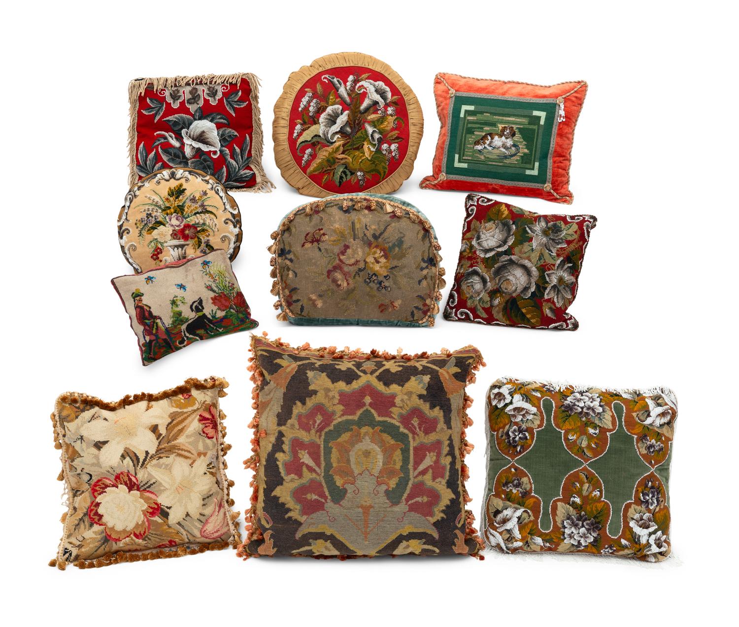 Ten Victorian Style Needlepoint and Beadwork Throw Pillows
