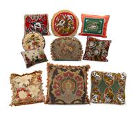 Ten Victorian Style Needlepoint and Beadwork Throw Pillows