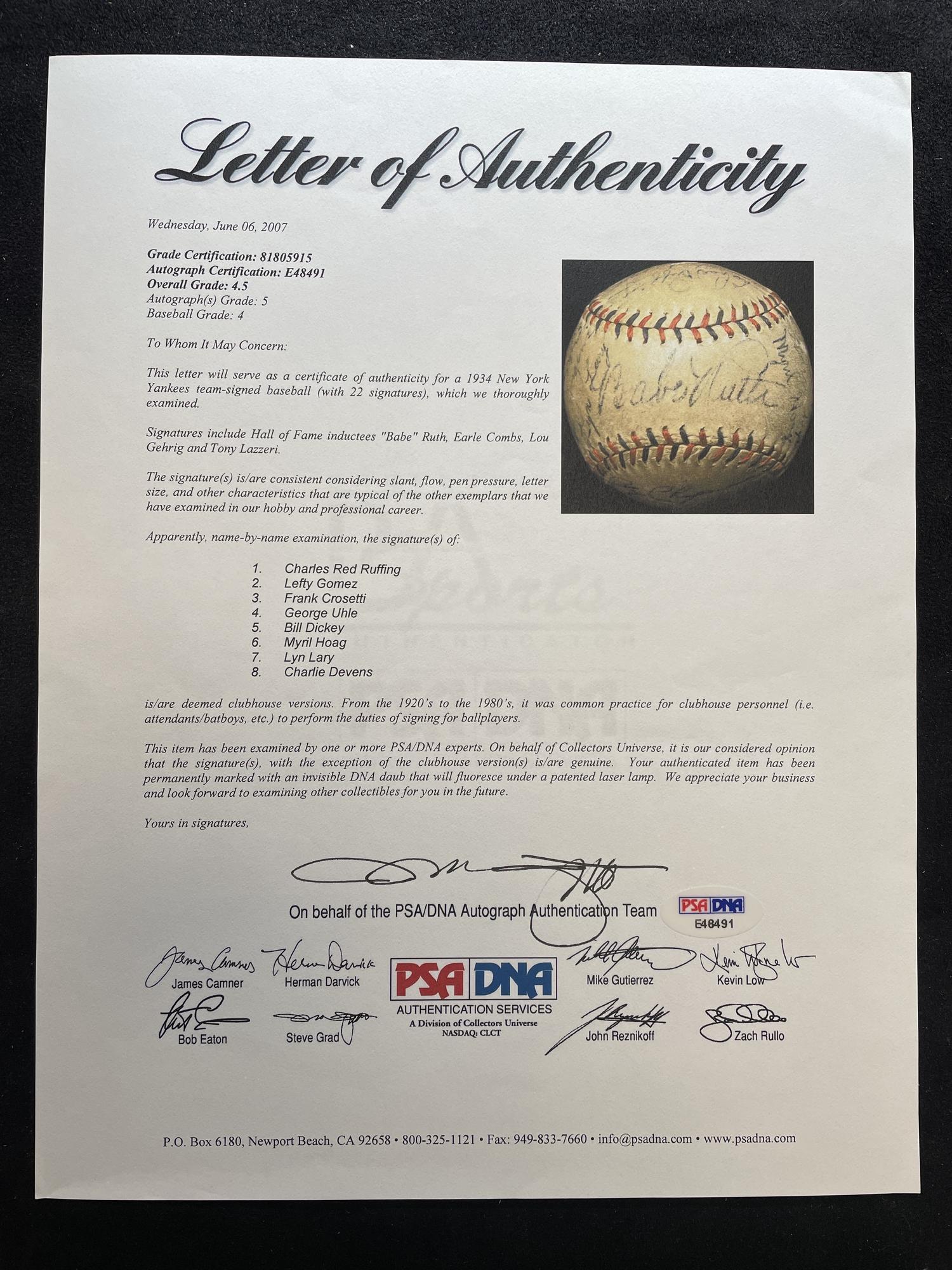 A 1934 New York Yankees Team Signed Autograph Baseball Featuring Babe Ruth and Lou Gehrig (PSA and Beckett Authentication Services Letters of Authenticity)