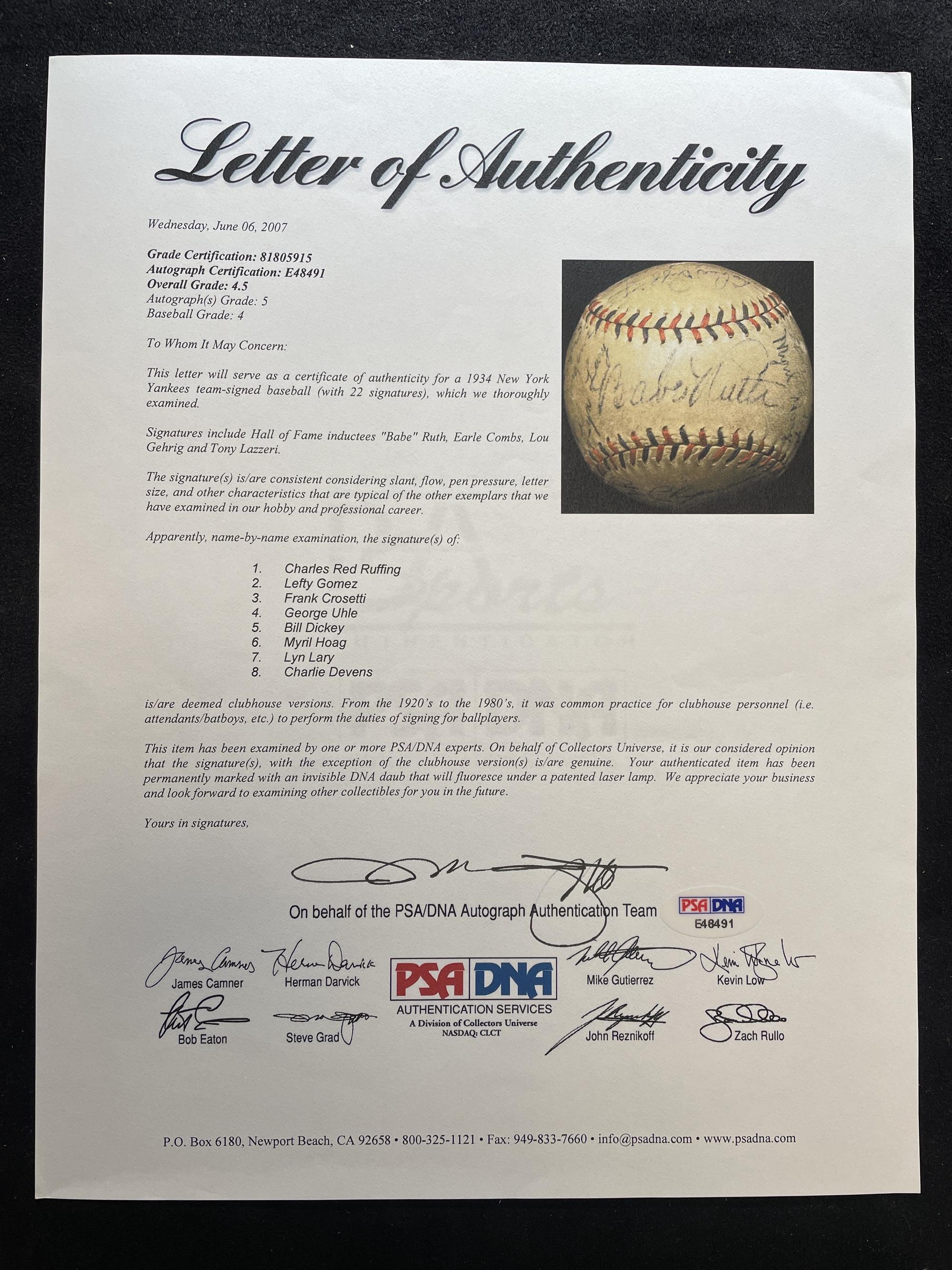 A 1934 New York Yankees Team Signed Autograph Baseball Featuring Babe Ruth and Lou Gehrig (PSA and Beckett Authentication Services Letters of Authenticity)