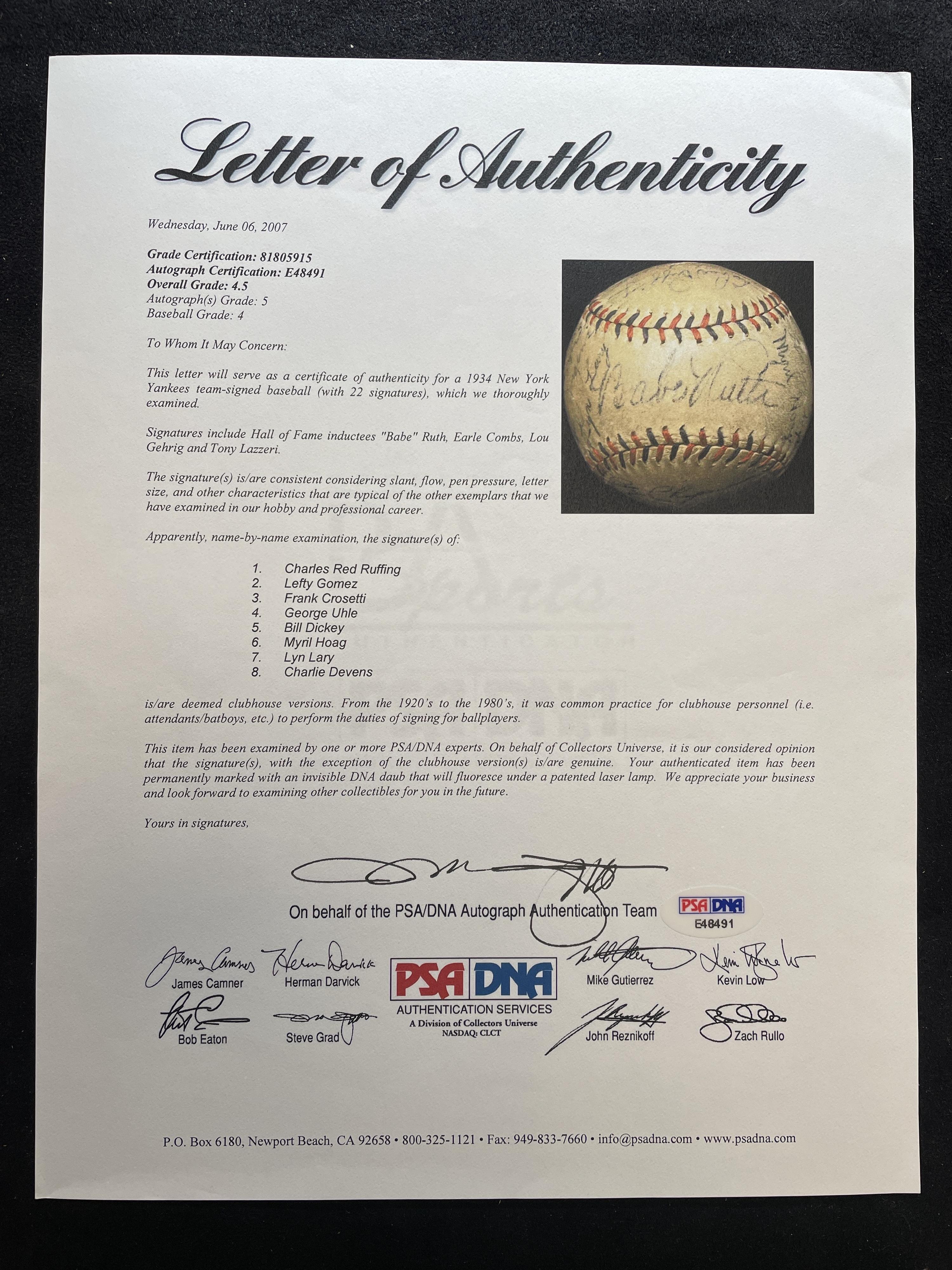 A 1934 New York Yankees Team Signed Autograph Baseball Featuring Babe Ruth and Lou Gehrig (PSA and Beckett Authentication Services Letters of Authenticity)