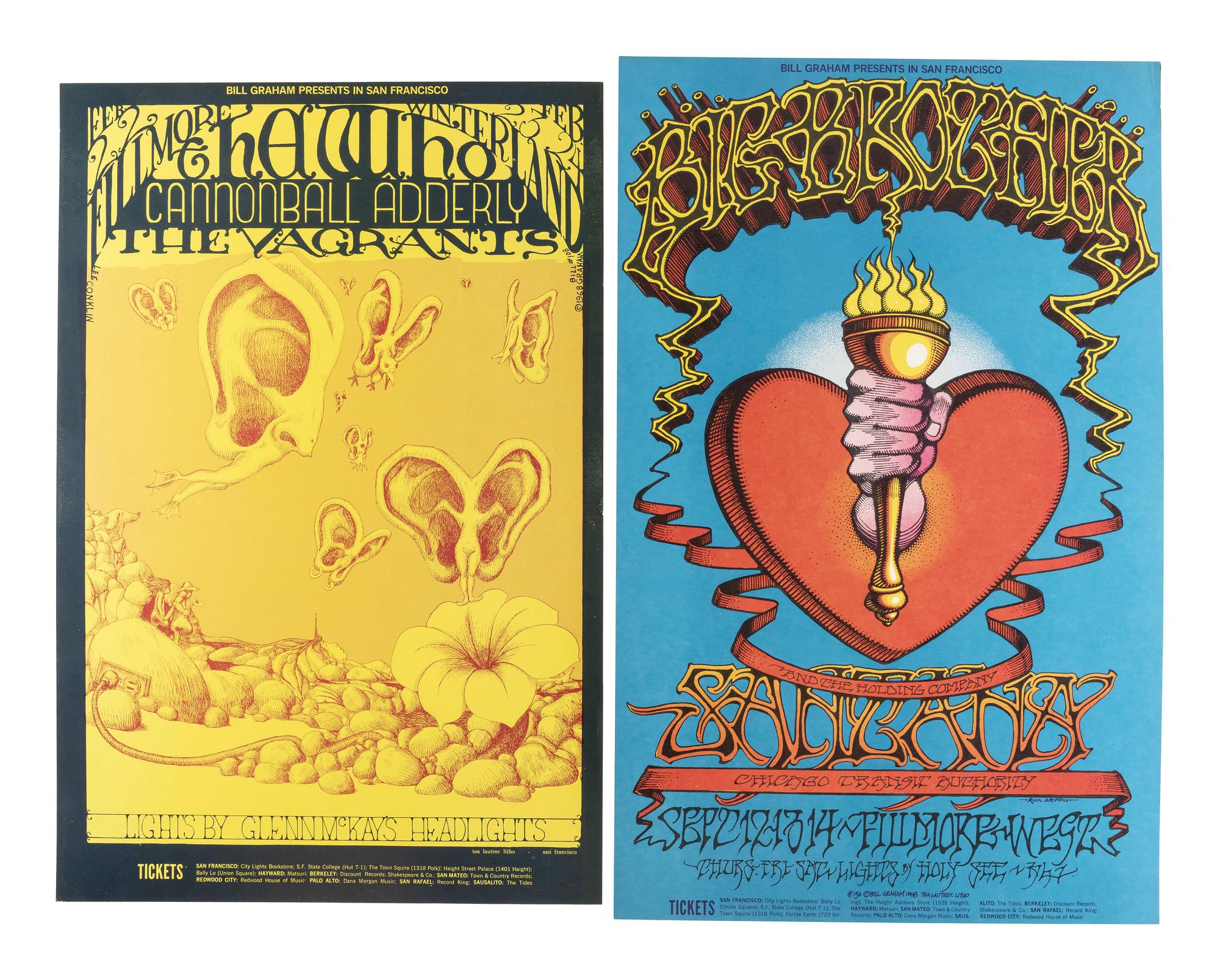 [MUSIC] -- [POSTERS]. GRIFFIN, Rick, and CONKLIN, Lee, artists. A group of 2 posters promoting Bill Graham shows in San Francisco in 1968, including performances from The Who, Big Brother & the Holding Company, and Santana.