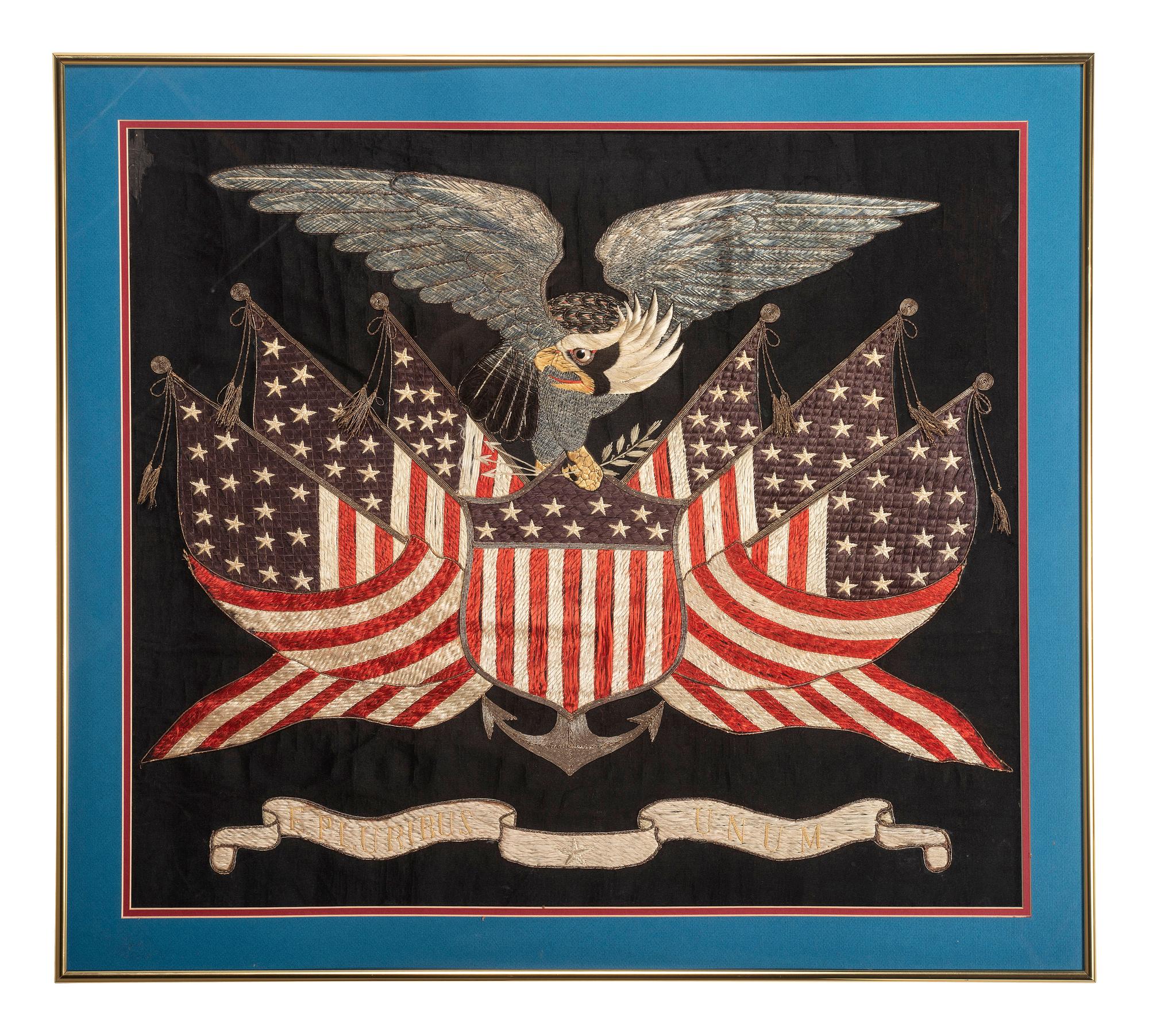 A Japanese Export Metallic and Silk Thread Embroidered Panel for the American Market