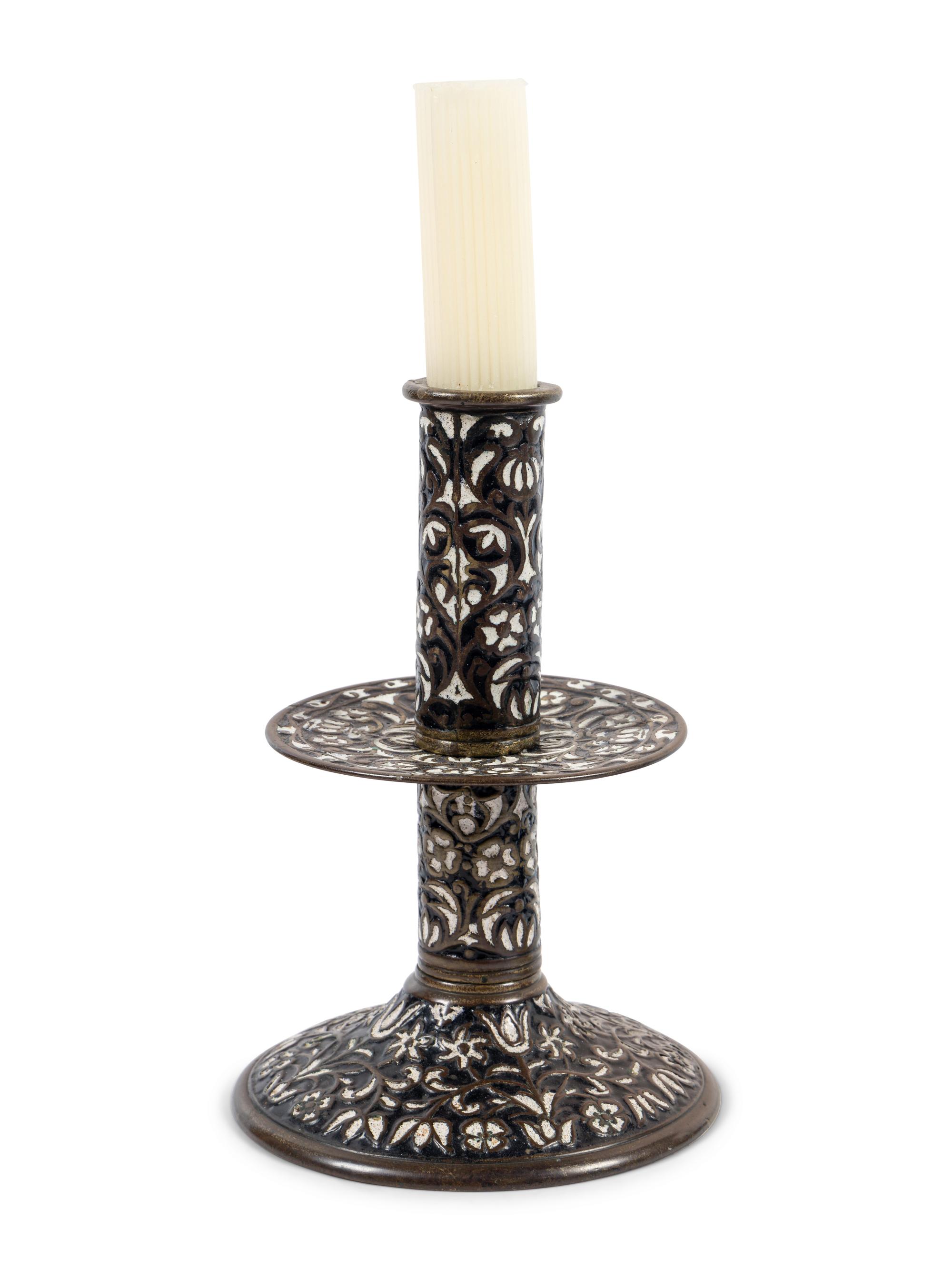 A Pair of Cast Brass 'Surrey Enamel' Candlesticks