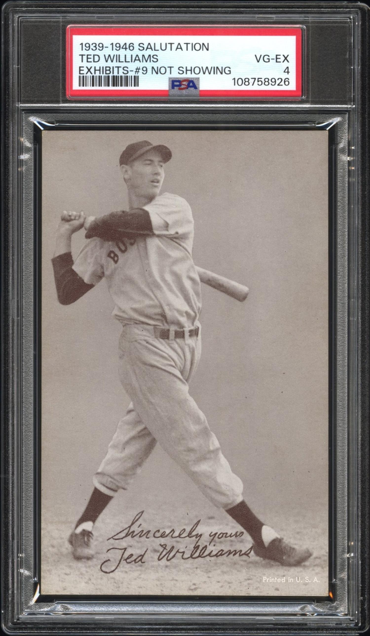 A 1939-46 Salutation Exhibits Ted Williams Baseball Card - Number 9 Not Showing (PSA 4 VG-EX)