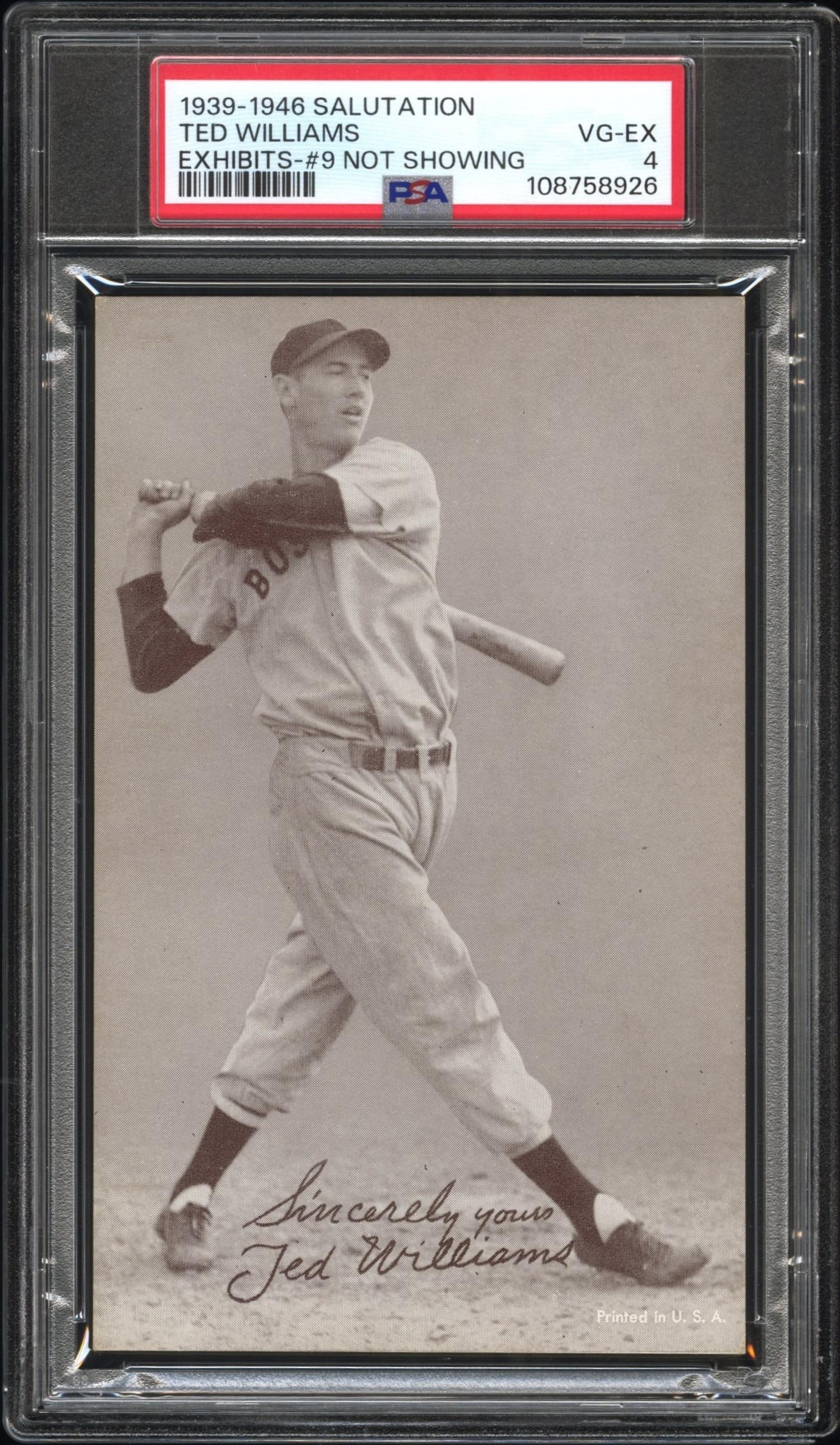 A 1939-46 Salutation Exhibits Ted Williams Baseball Card - Number 9 Not Showing (PSA 4 VG-EX)