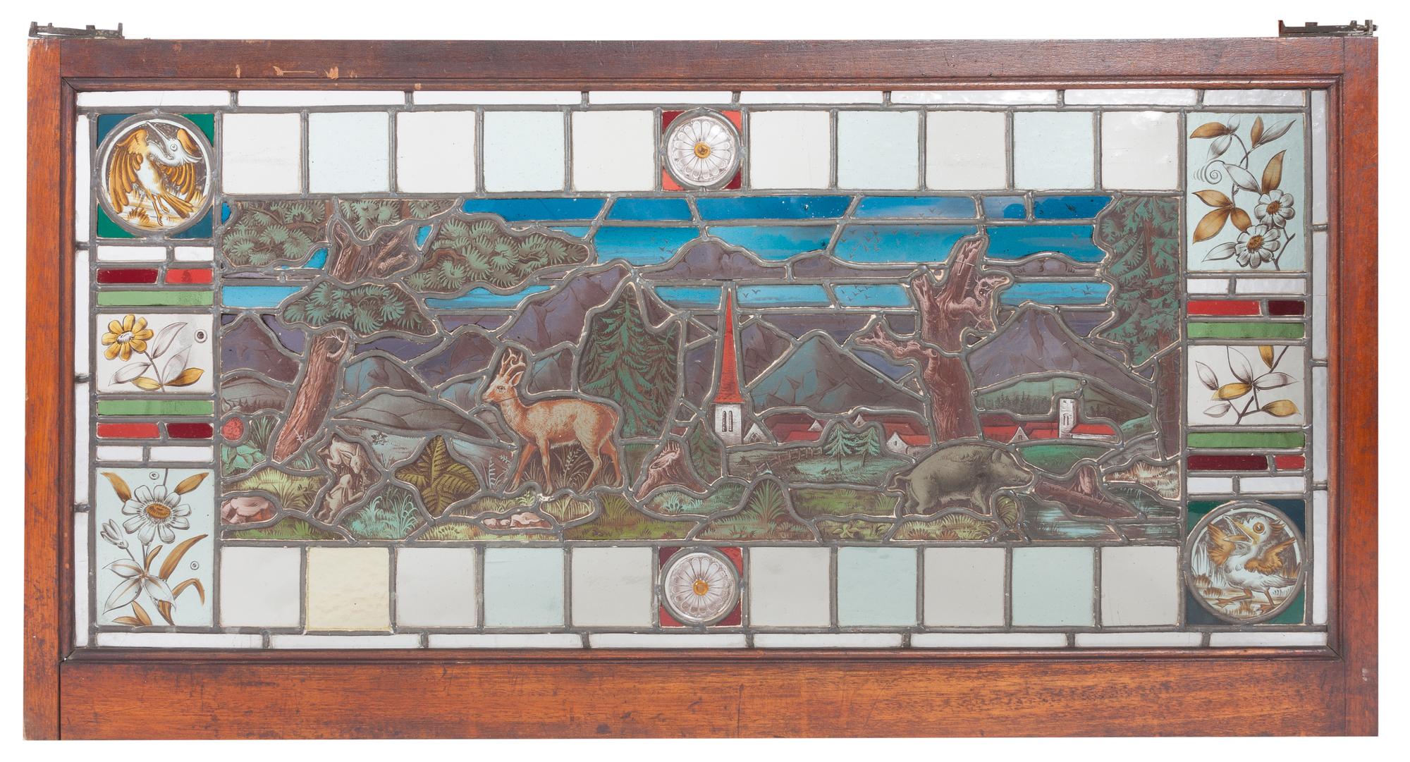 A Leaded and Stained Glass Window 15 1/2 x 34 1/4 inches.