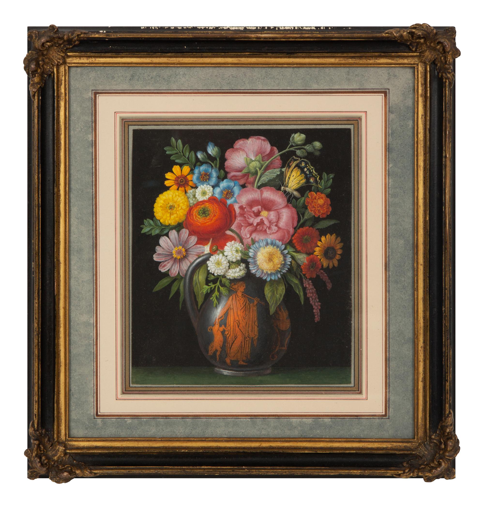 Three Printed Illustrations of interiors; An English Garden; Bouquet of Flowers in a Red-Figured Vase (five works)