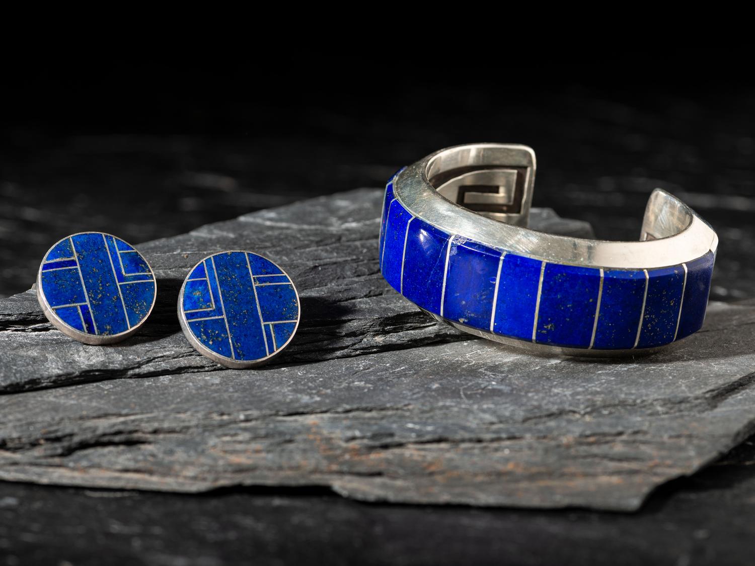 Sterling Silver and Lapis Cuff Bracelet and Post Earrings