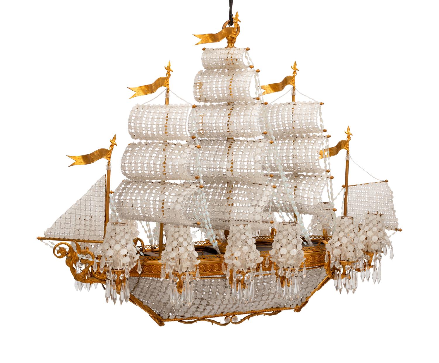 A Louis XVI Style Gilt Bronze and Cut Glass "Ship" Chandelier