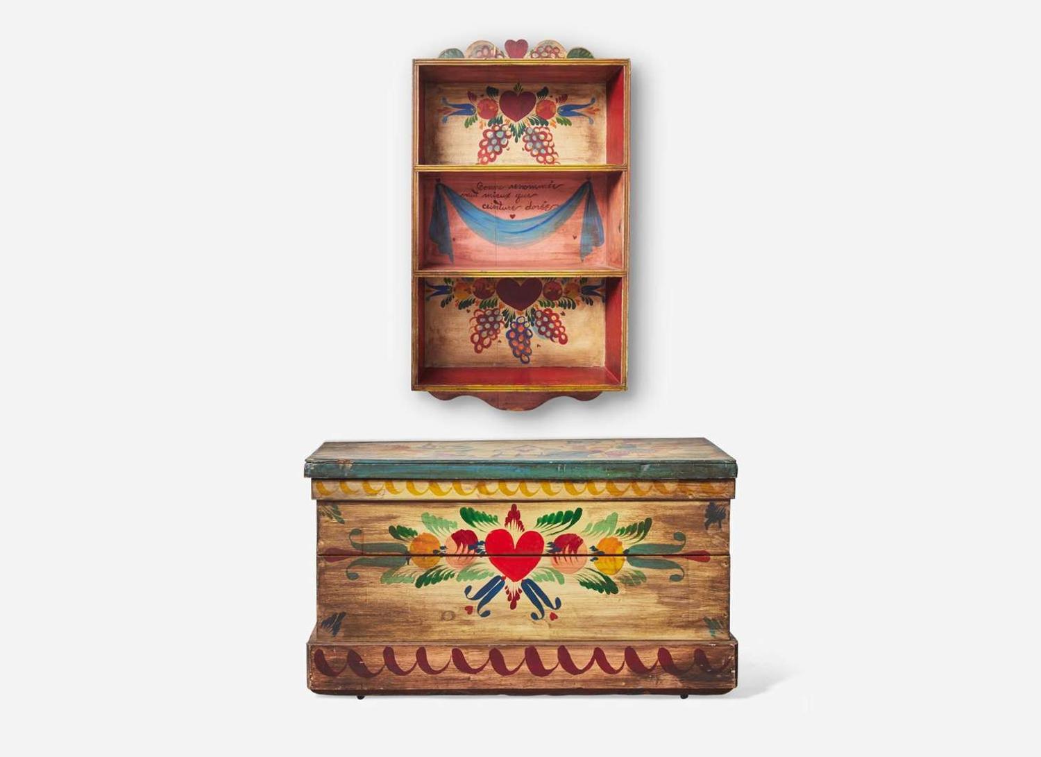 A painted and decorated shelf and storage chest, Peter Hunt (1896-1967), Cape Cod, MA, mid-20th century