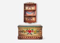 A painted and decorated shelf and storage chest, Peter Hunt (1896-1967), Cape Cod, MA, mid-20th century